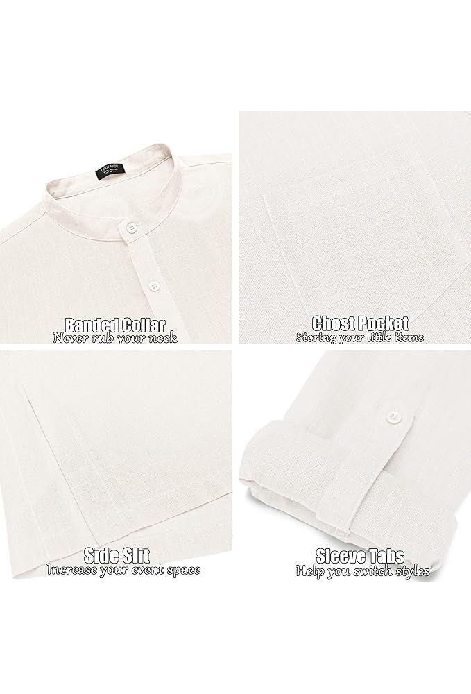 COOFANDY Men Linen Henley Shirts Long Sleeve Collarless T-Shirts Longline