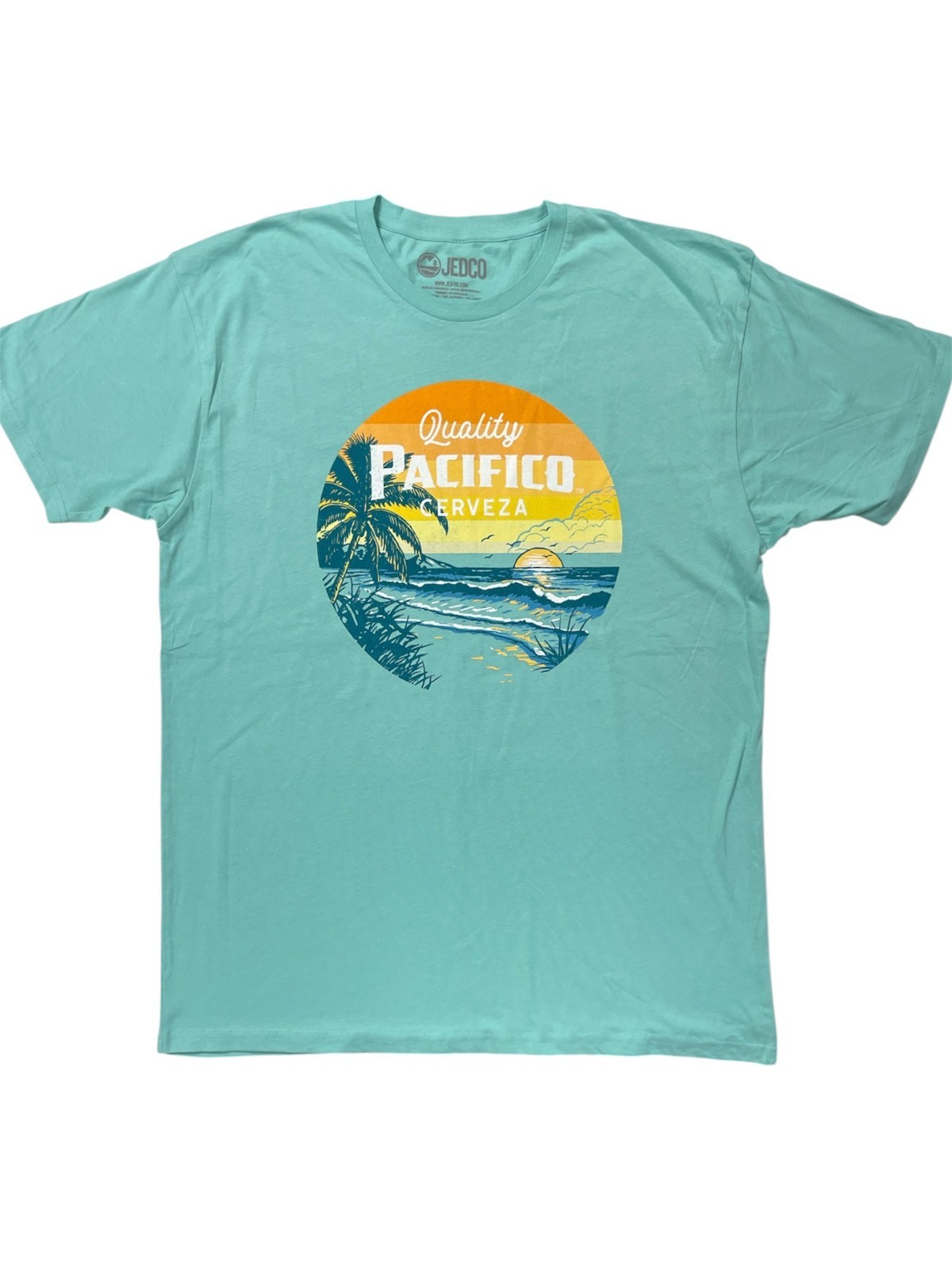 Pacifico Cerveza Beer Beach Party Ocean Aqua Green T-Shirt Adult X-Large