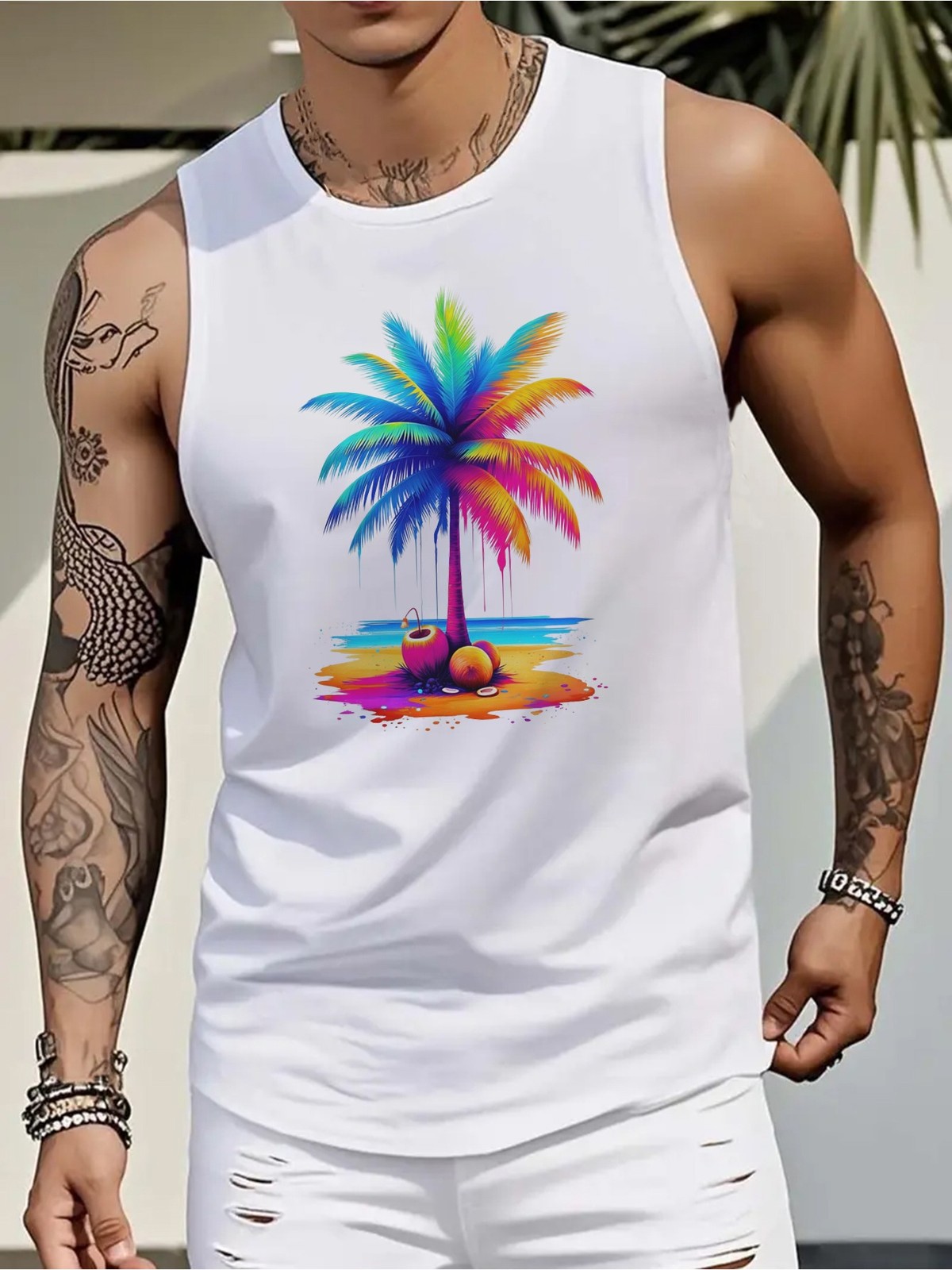Men Stretchy Crew Neck Vest Sleeveless Beach Tank Top Machine Washable Tops ❀