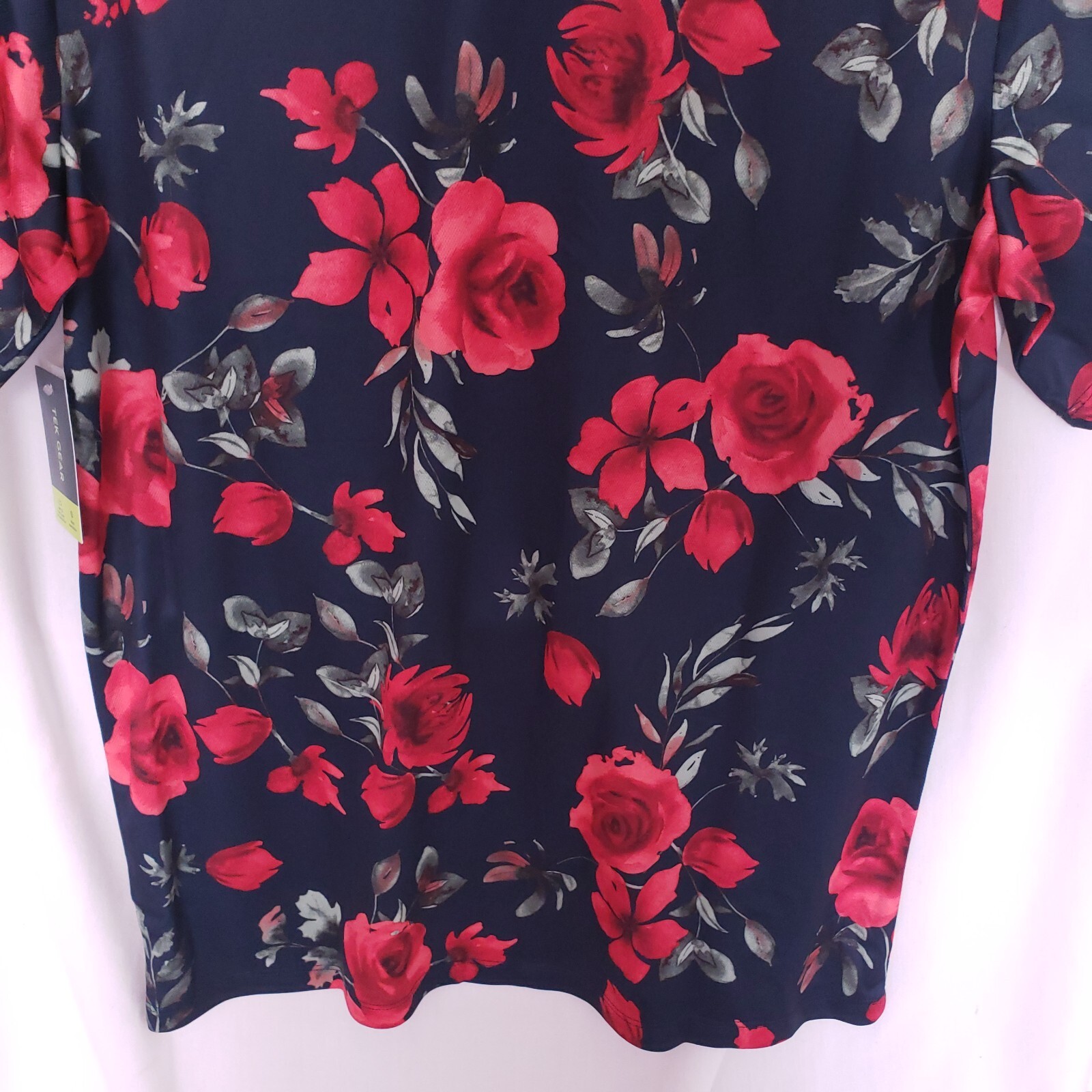 Tek Gear Navy Blue Red Roses Floral Collar Button Up Athletic Shirt Size M