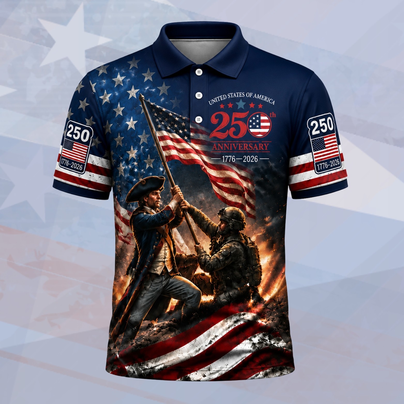 USA 250th Anniversary Polo Patriot Soldier Veteran 1776-2026 US Flag (S-5XL)