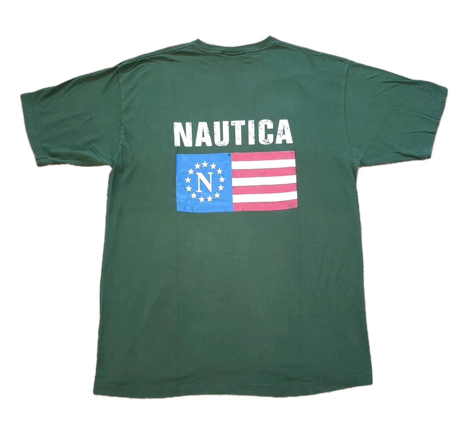 Vintage 90s Nautica Great Point Flag Size XL USA Made Mens Green 2 Sided T-Shirt