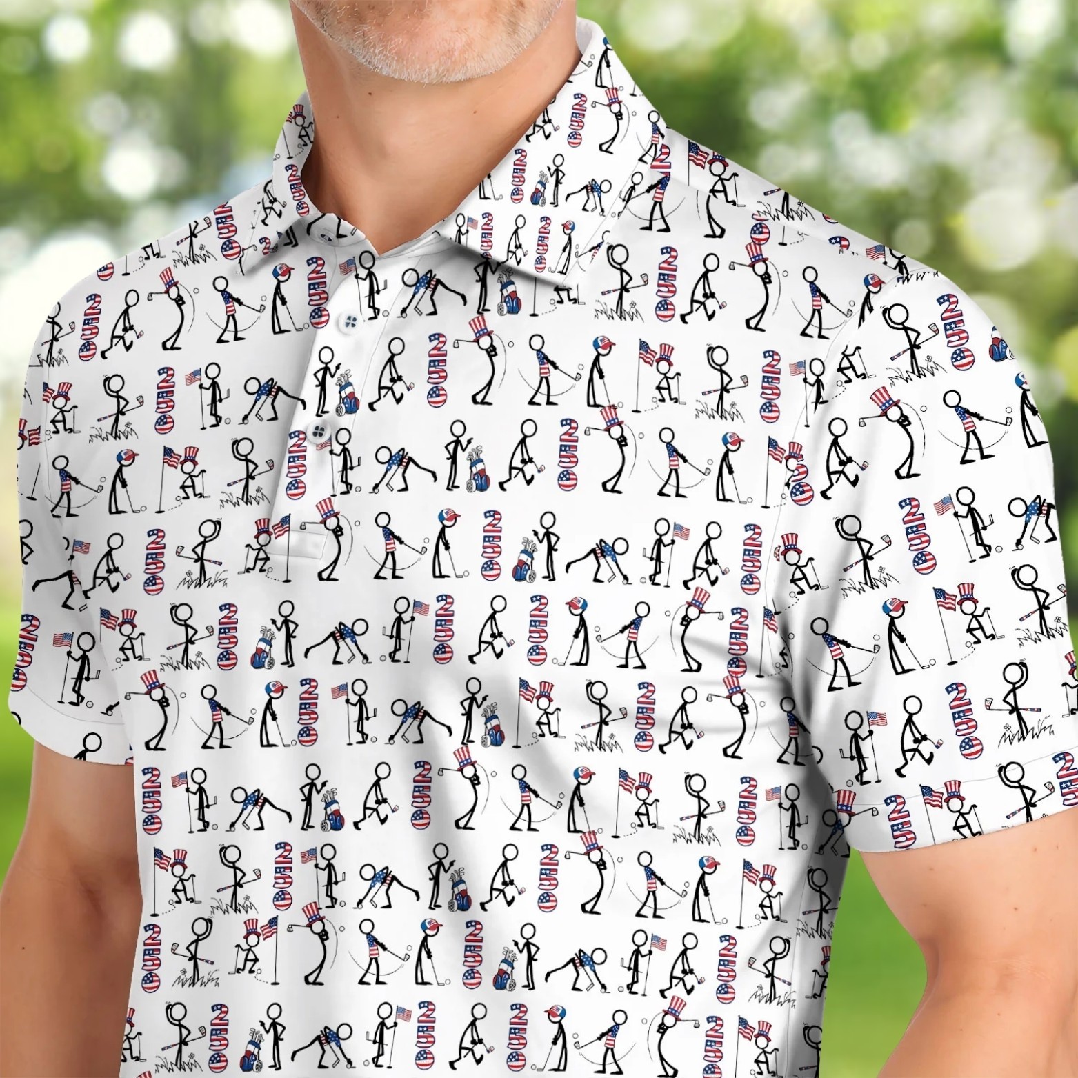 USA 250 Casual Patriotic Golf Shirt, 4th of July Stick Figure Golf Polo (S-5XL)