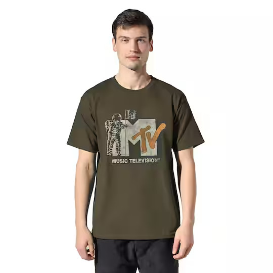 MTV Mens Music Television Spaceman Graphic Military Green Shirt New XL