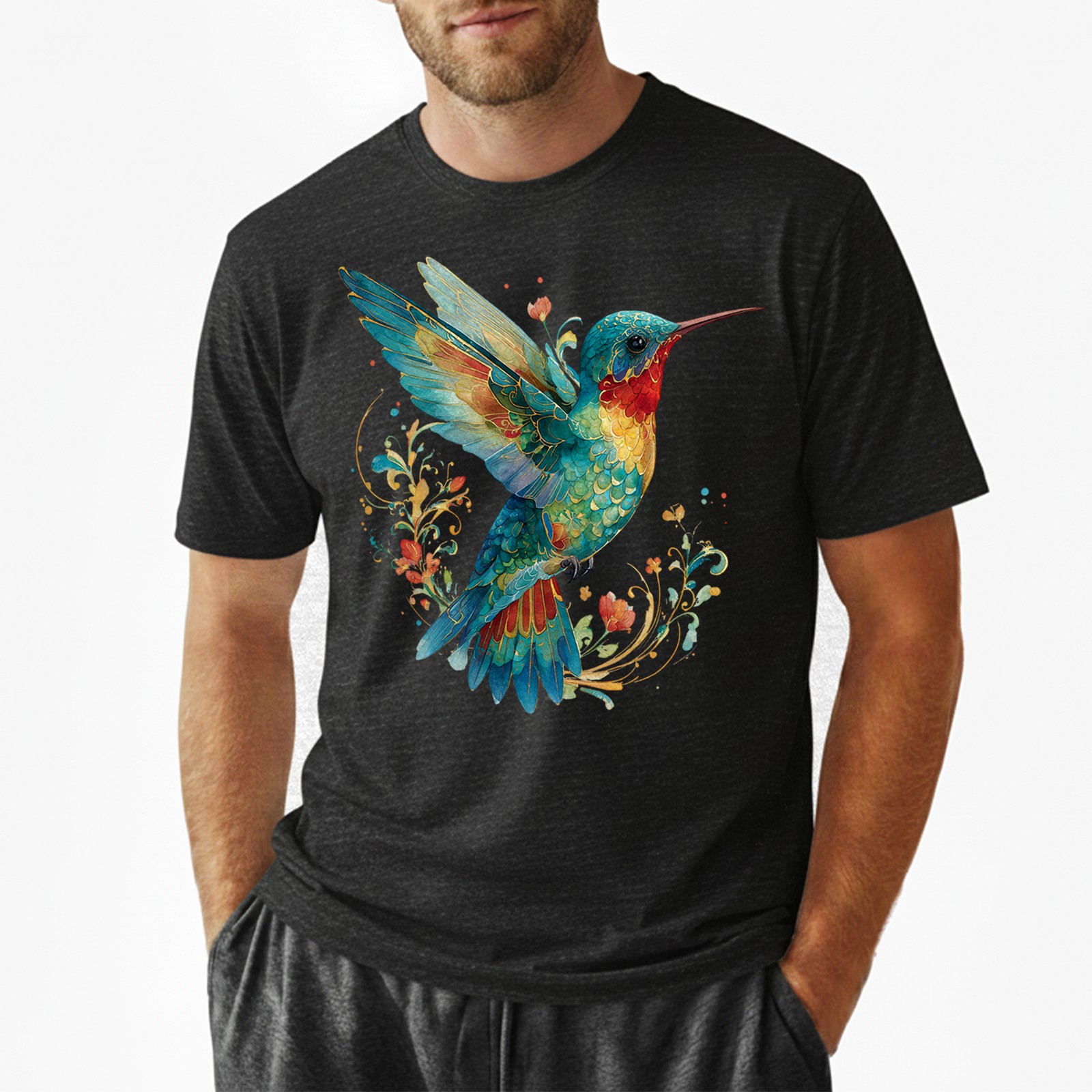 Hummingbird Floral Art Nature Retro Gift Men Women T-Shirt Tee
