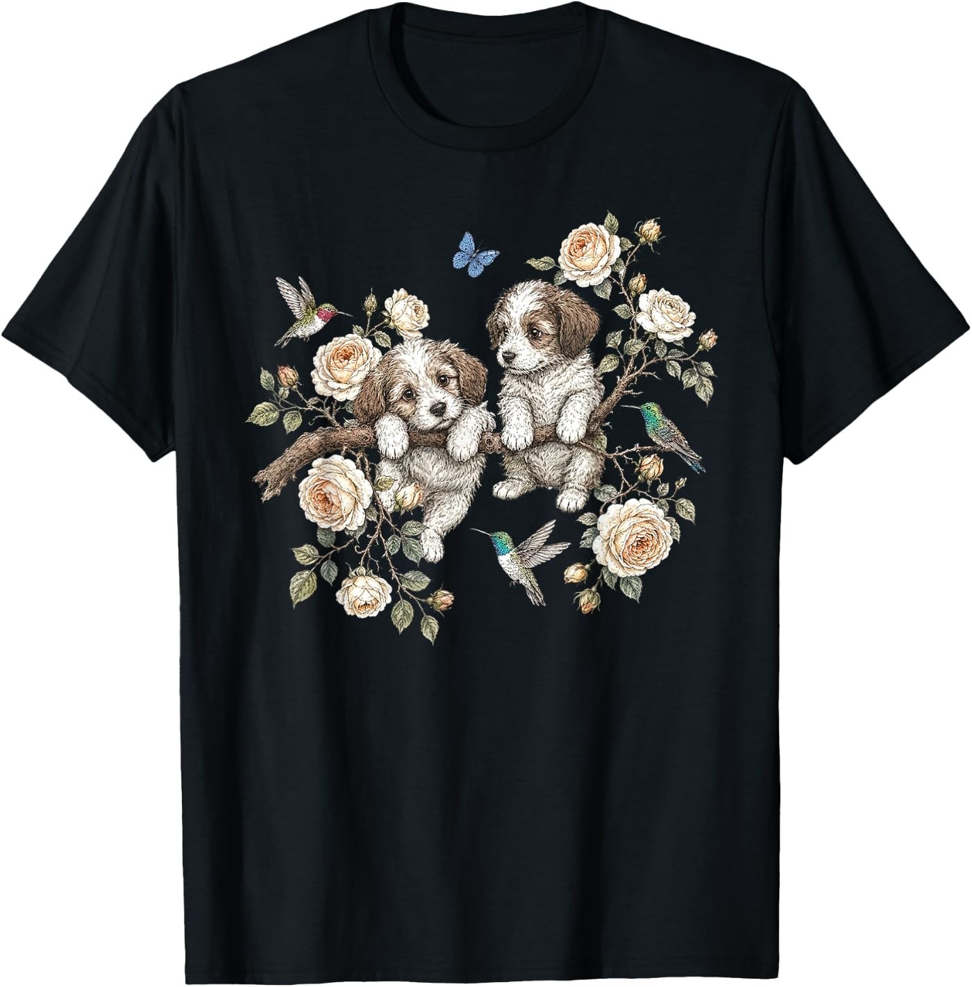 Vintage Puppy Floral Bird Nature Dog Mom Animal Dog Lover T-Shirt