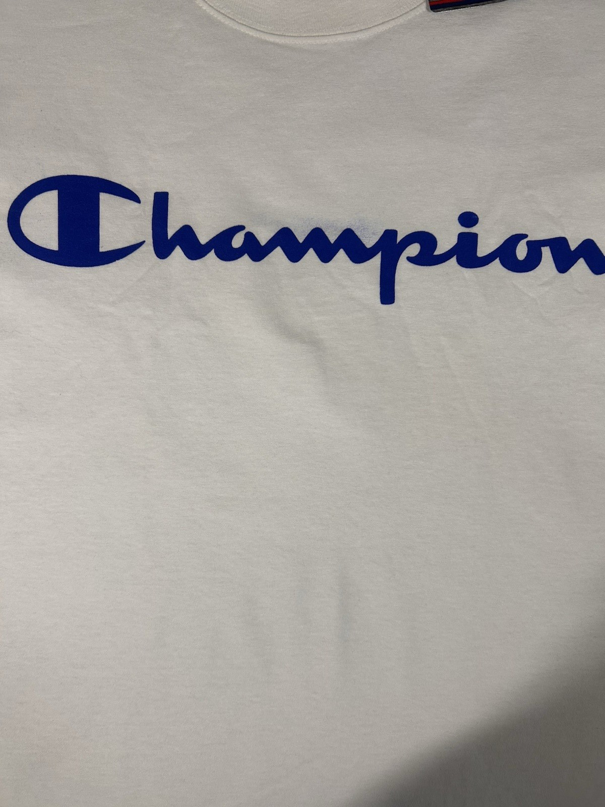 NWT Champion mens SS Classic Script Logo T Shirt White/Blue Logo
