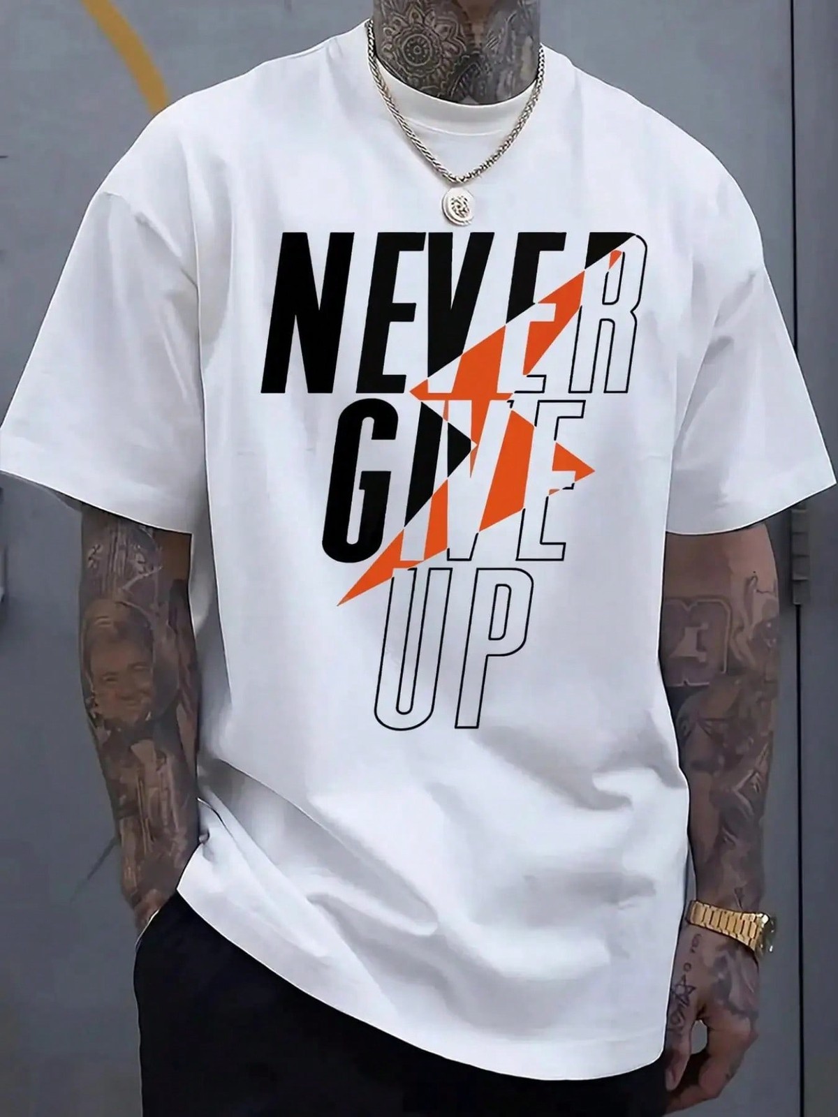 Men’S Casual “Never Give Up” Graphic T-Shirt – White With Bold Orange