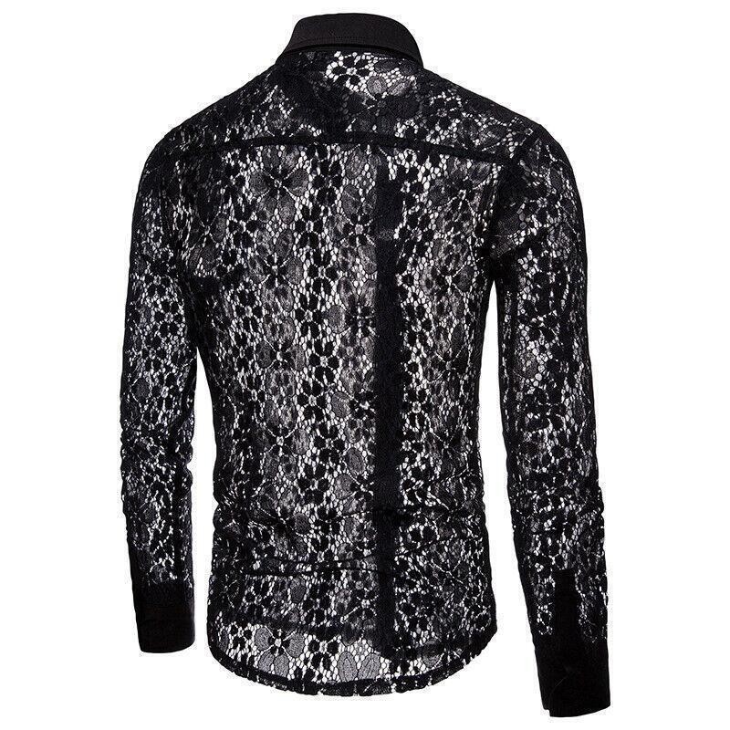 Men’s Hollow Out Lace Shirt Nightclub Stage Party Long sleeved Shirts Dress Tops