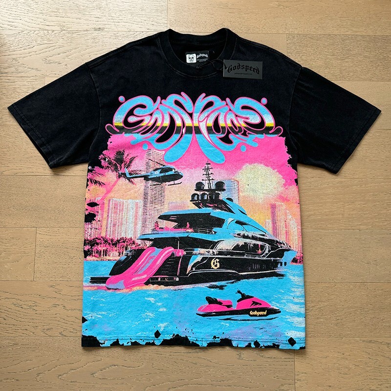 NEW Godspeed Sunset Beach Yacht print Tee Mens Short sleeved T-shirt