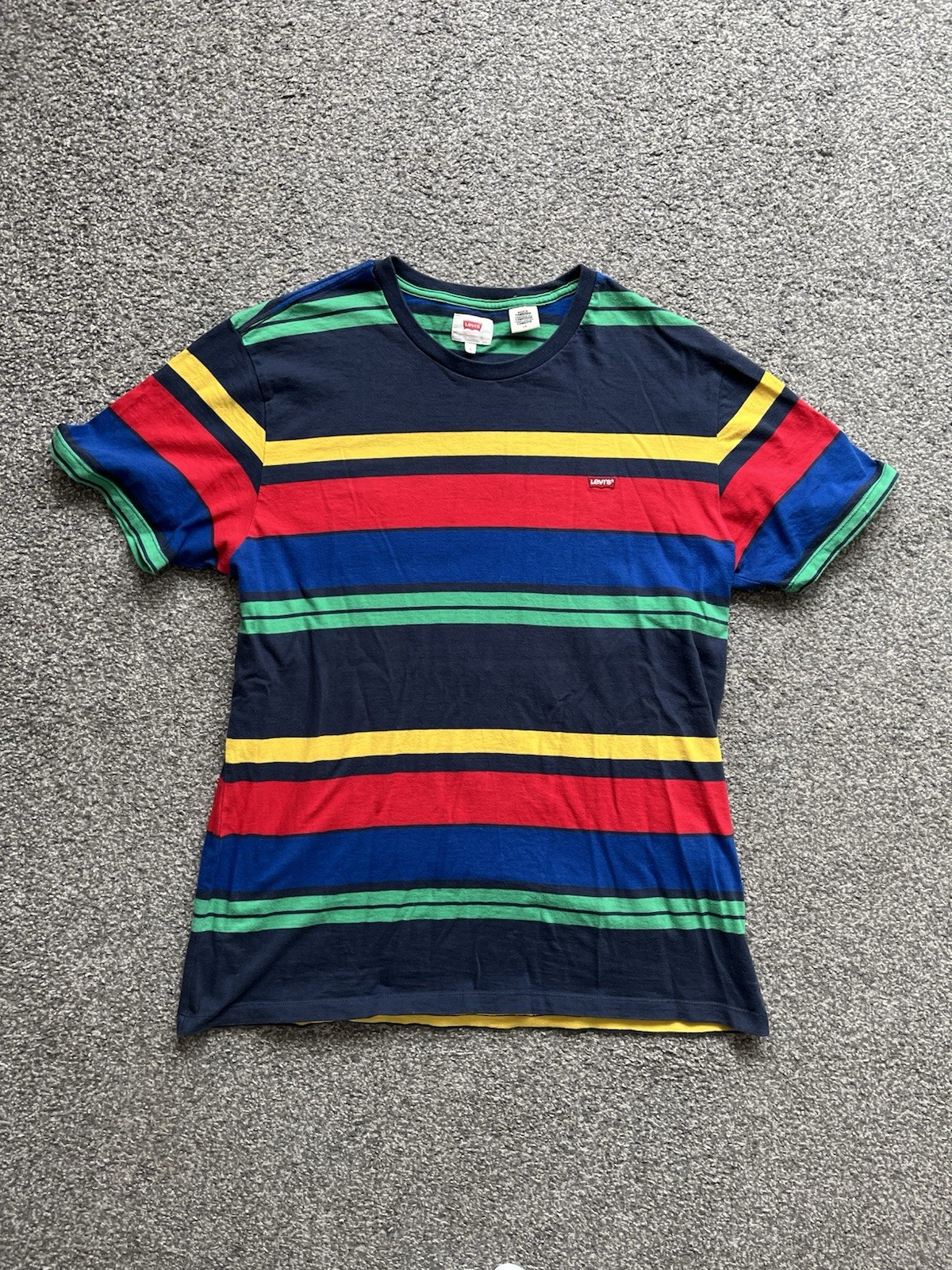 Levis Striped T Shirt Mens Large L Navy Blue Red Yellow Green Retro Graphic Tee