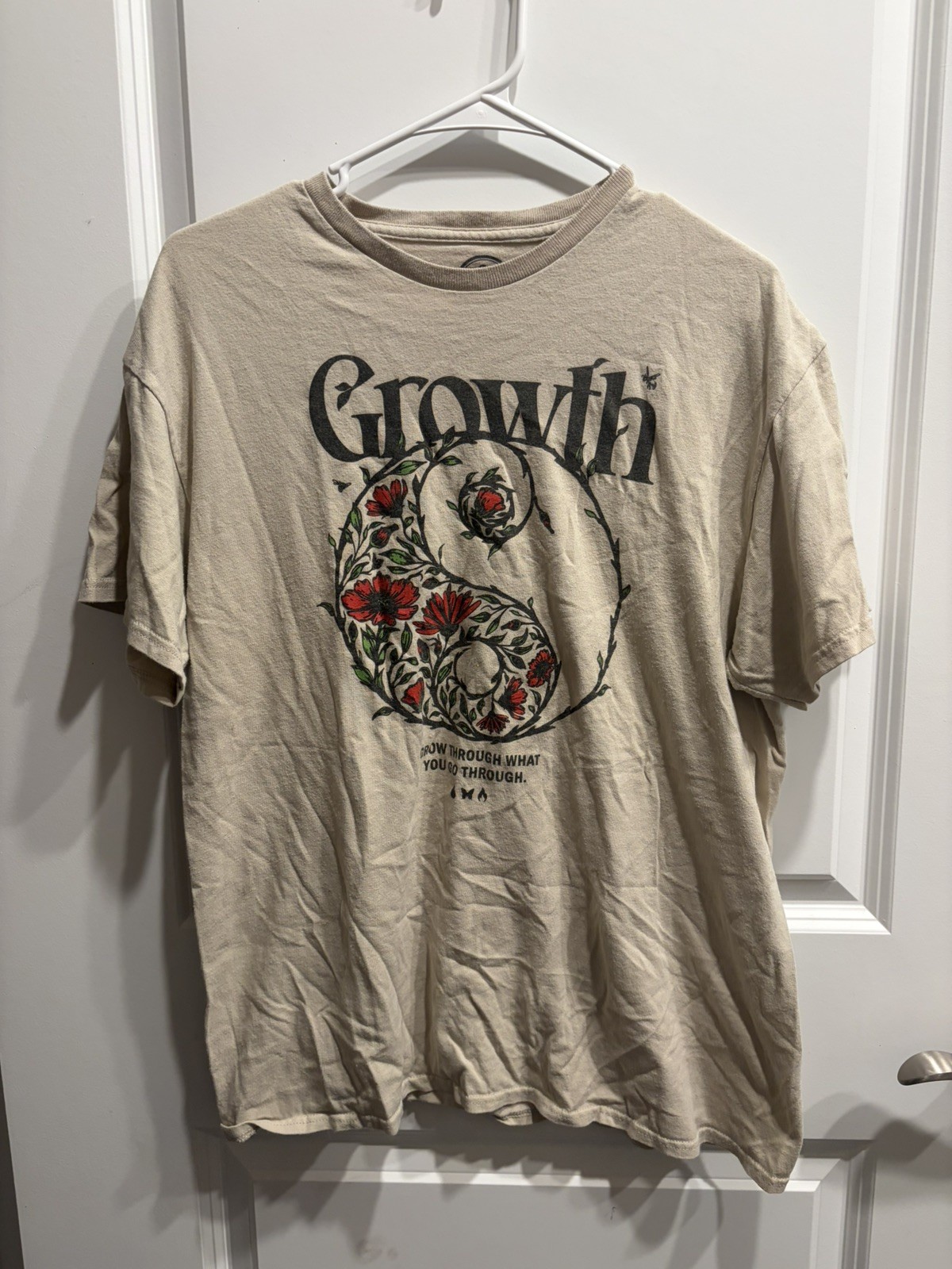 DOM Humor Growth Floral Yin Yang T Shirt Mens Large Beige Graphic Streetwear