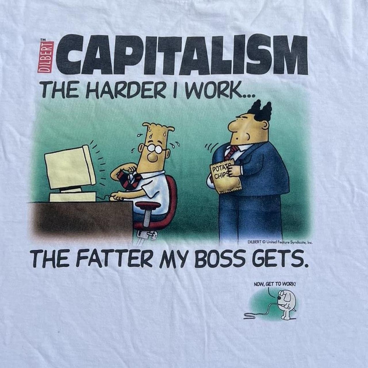 90s Dilbert Capitalism White Sleeveless Tank. Made in U.S.A L Vintage