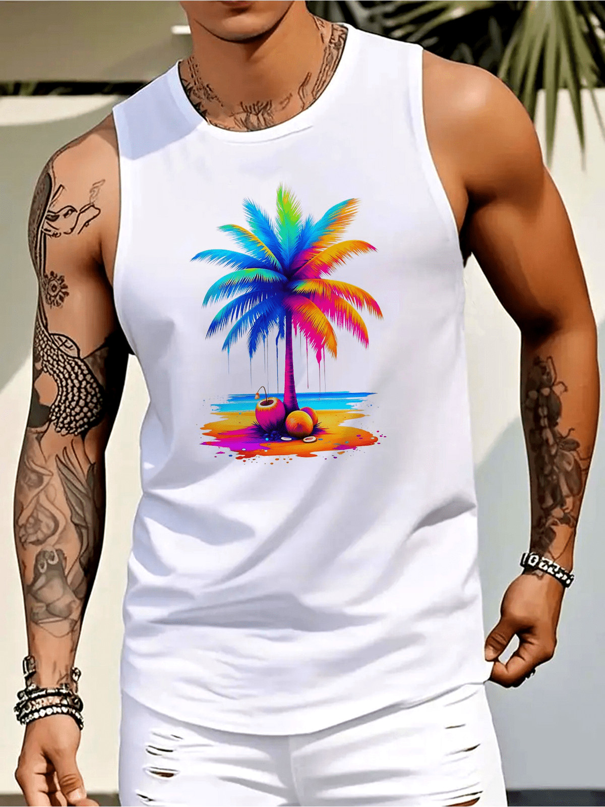 Men Stretchy Crew Neck Vest Sleeveless Beach Tank Top Machine Washable Tops ❀