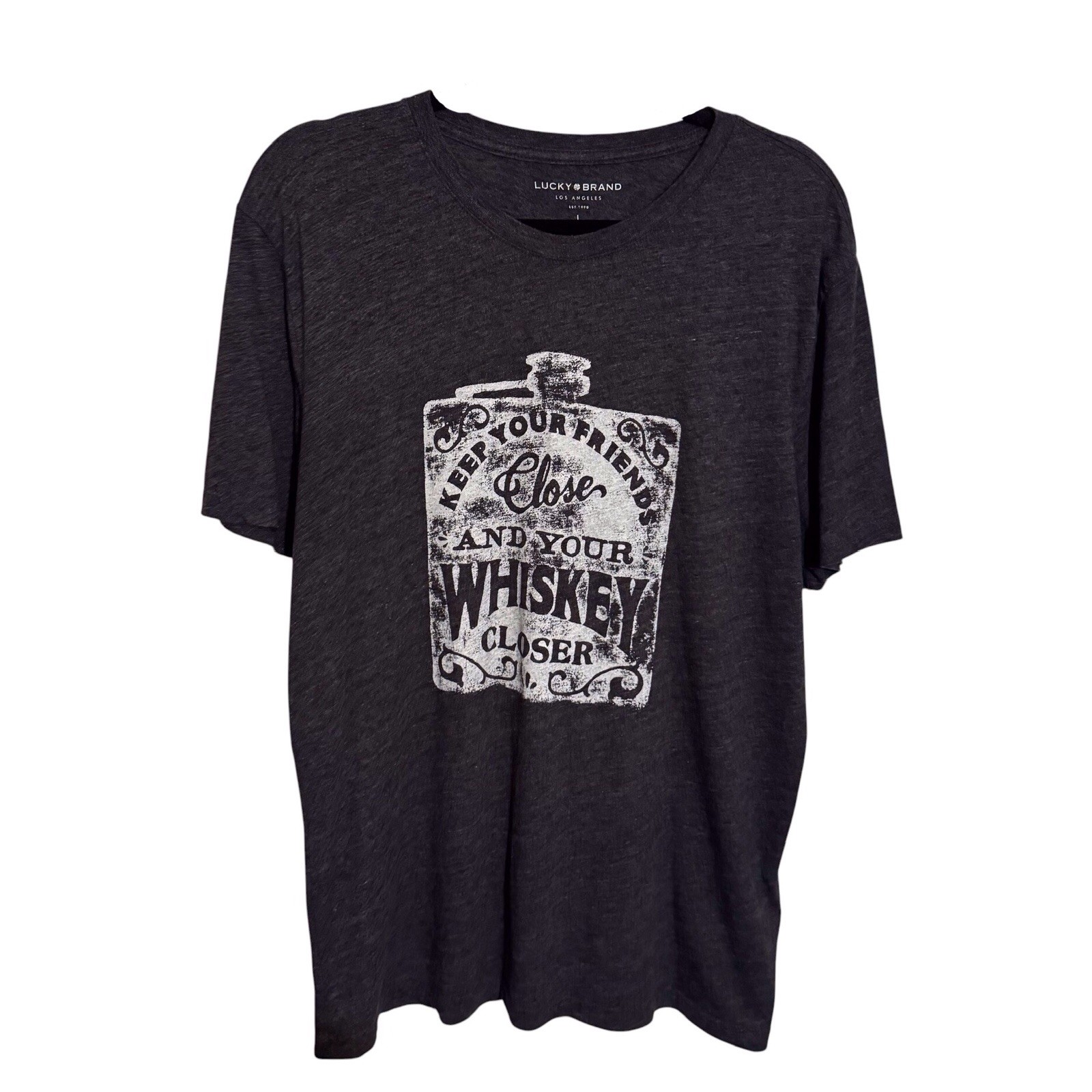 Lucky Brand Men’s Large Gray Whiskey Graphic Tee T-Shirt Retro Casual Lounge