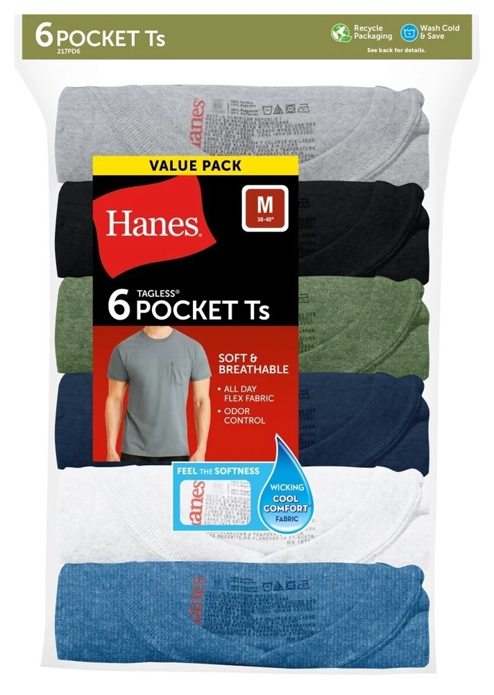 Hanes 6-Pack Pocket Tee Men’s T-Shirt Soft and Breathable Assorted