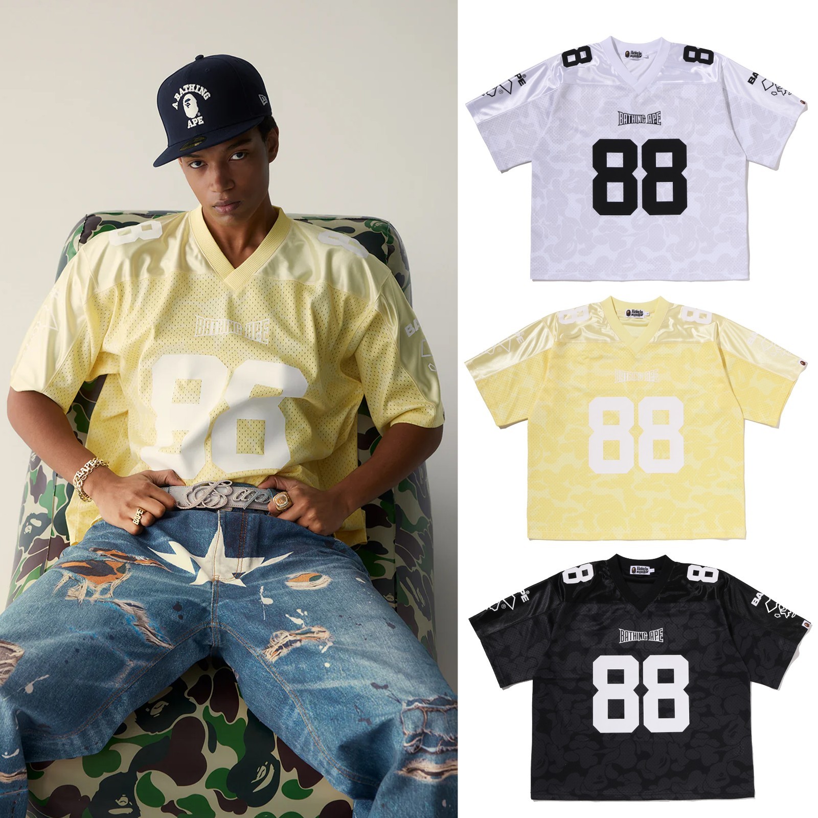 A BATHING APE Men’s SOLID CAMO MULTI LOGO RELAXED FIT FOOTBALL JERSEY TEE rz