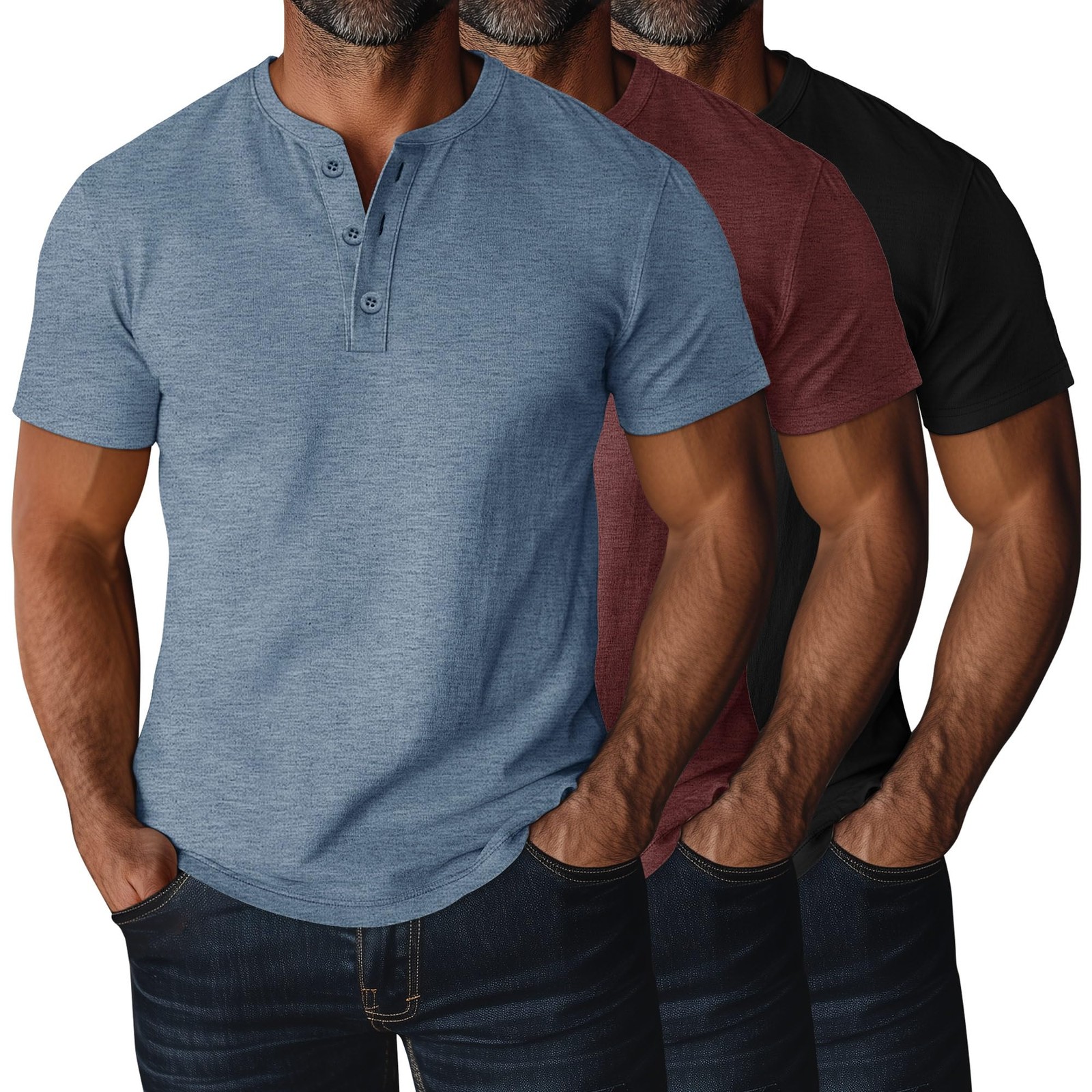 Ficerd 3 Pack Men’s Big and Tall Henley T-Shirts Short Sleeve Plus Size Tee 4XL