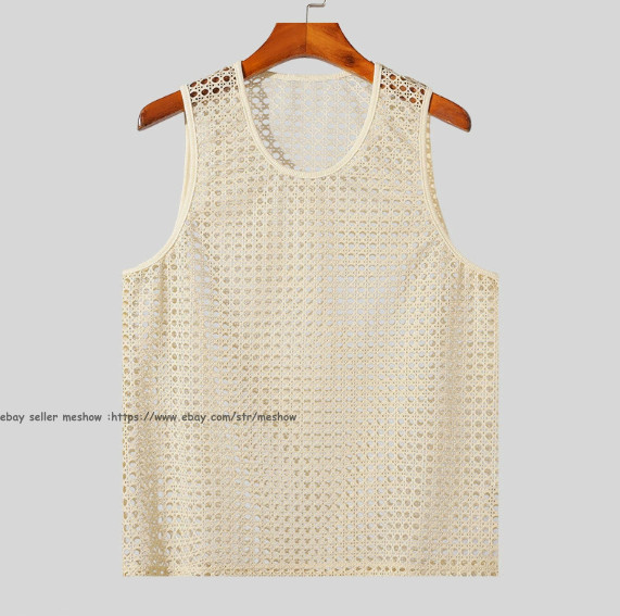 Mens Knitted Crochet Tank Tops Summer Hollow Sleeveless T-shirt Scoop Neck Shirt
