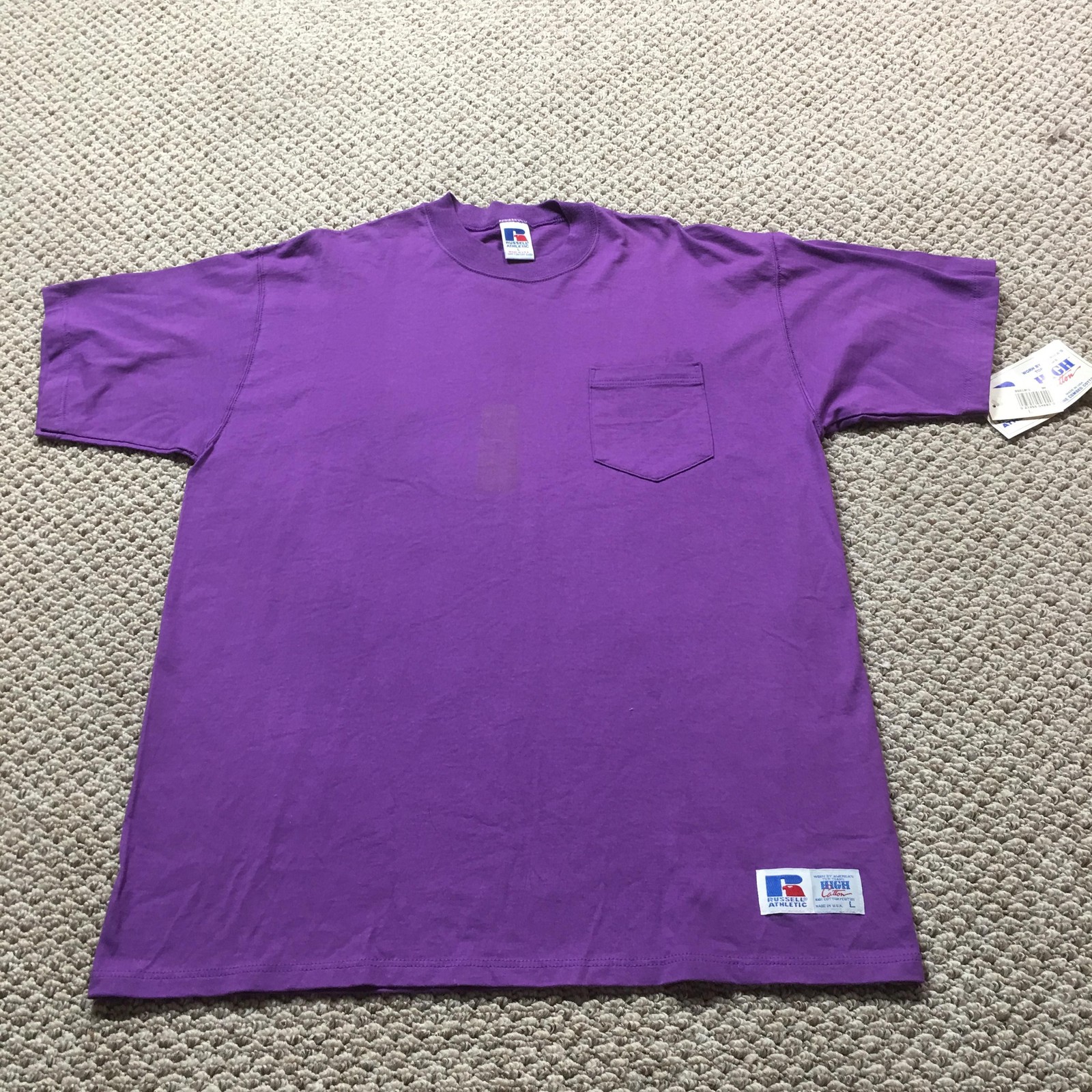 Vintage Russell Athletic Shirt Mens Large Purple Pocket High Cotton Tee USA NOS