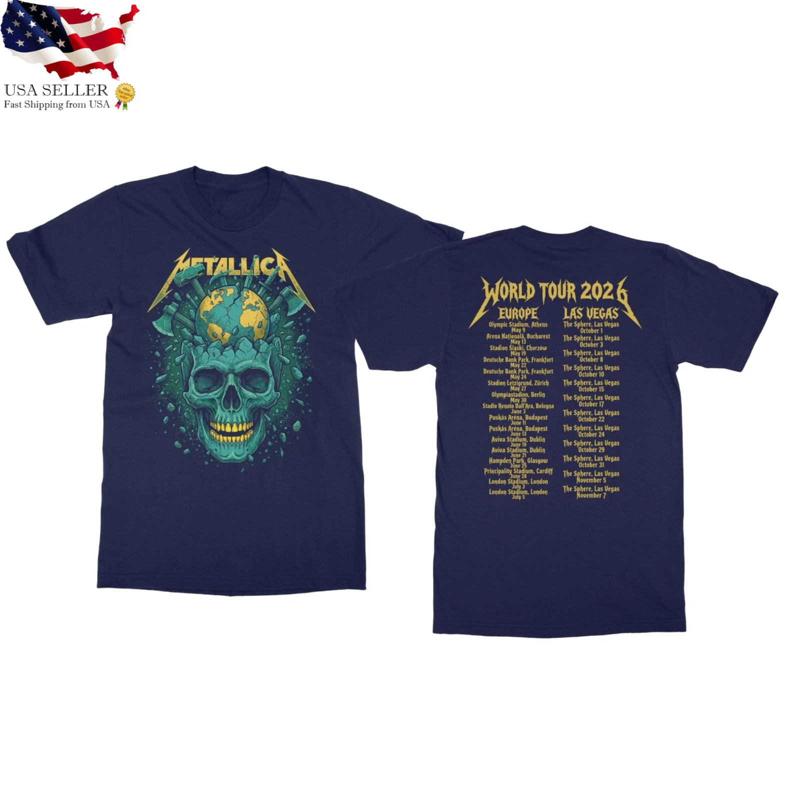 Metallica Tour 2026 Shirt Double Sided Europe Vegas Concert Band Tee