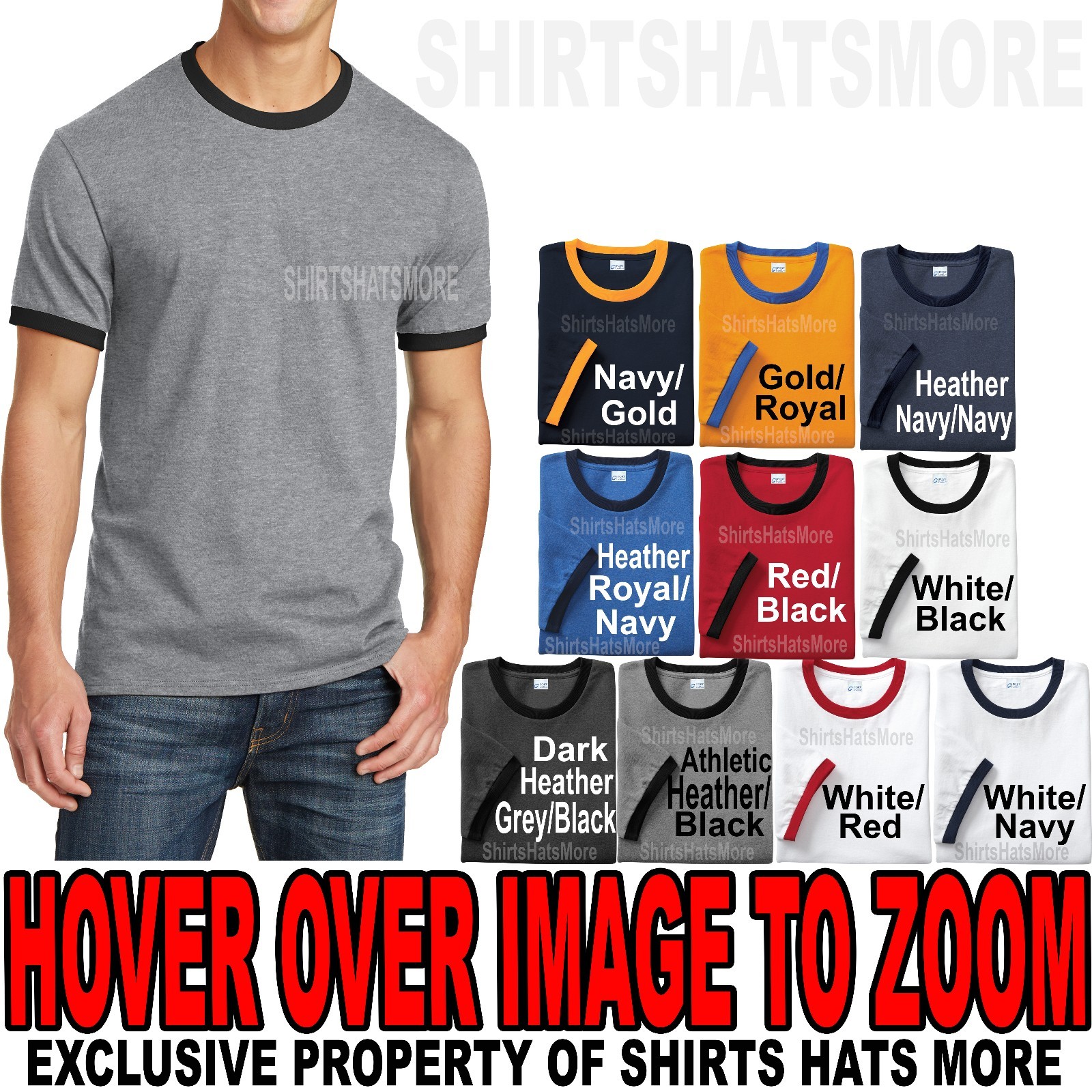 Mens Ringer T-Shirt Preshrunk Cotton Tee S, M, L, XL, 2XL, 3XL, 4XL NEW