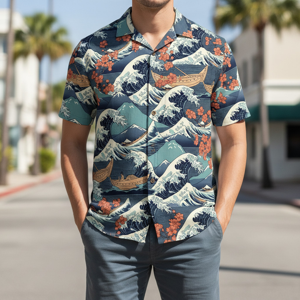 Ukiyo-e Sakura Wave Men Hawaiian Shirt Japanese Print Pleated Button Down Beach