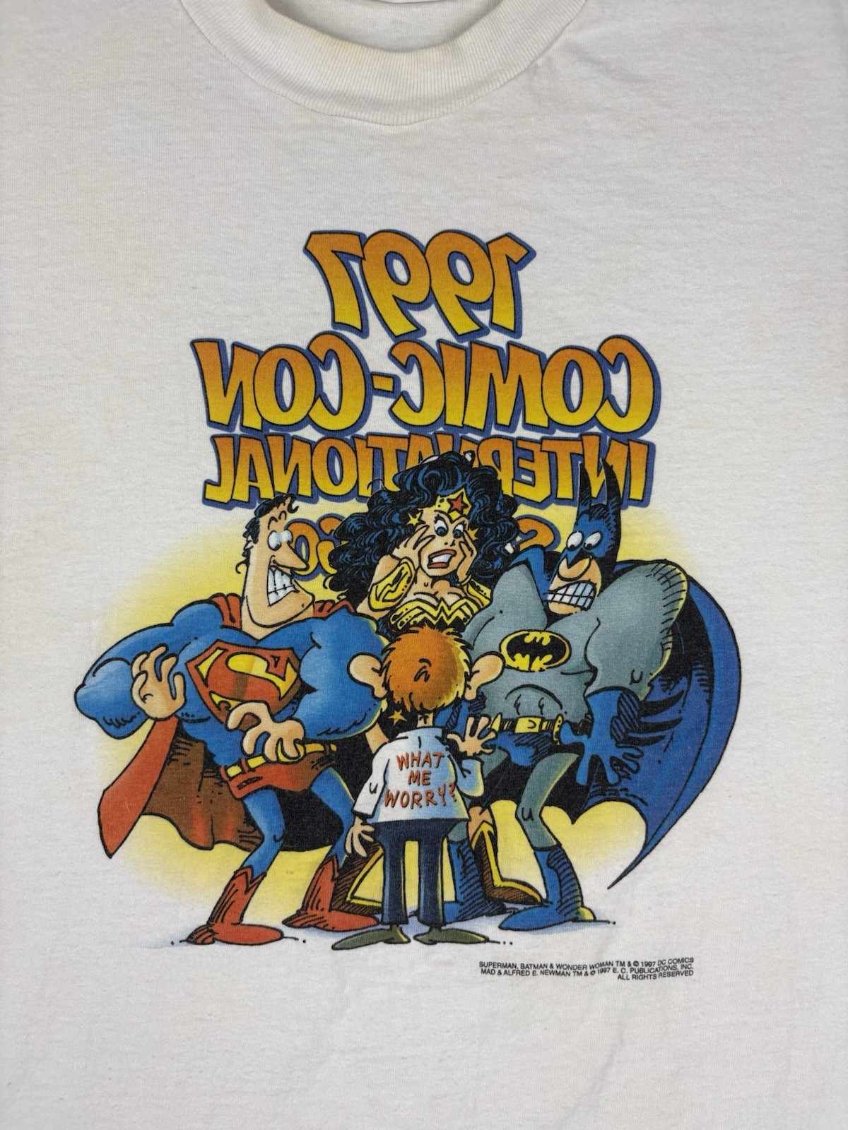 Vtg Alfred E Newman T-shirt Men’s XL Batman Superman Wonder Woman Aragones Art