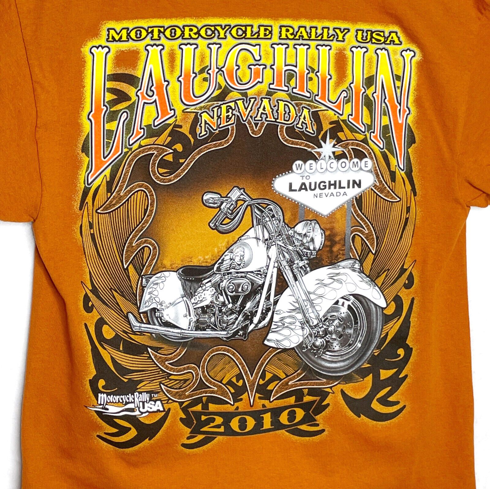 2010 Motorcycle Rally USA Laughlin Nevada Mens T-Shirt Tee Burnt Orange Medium