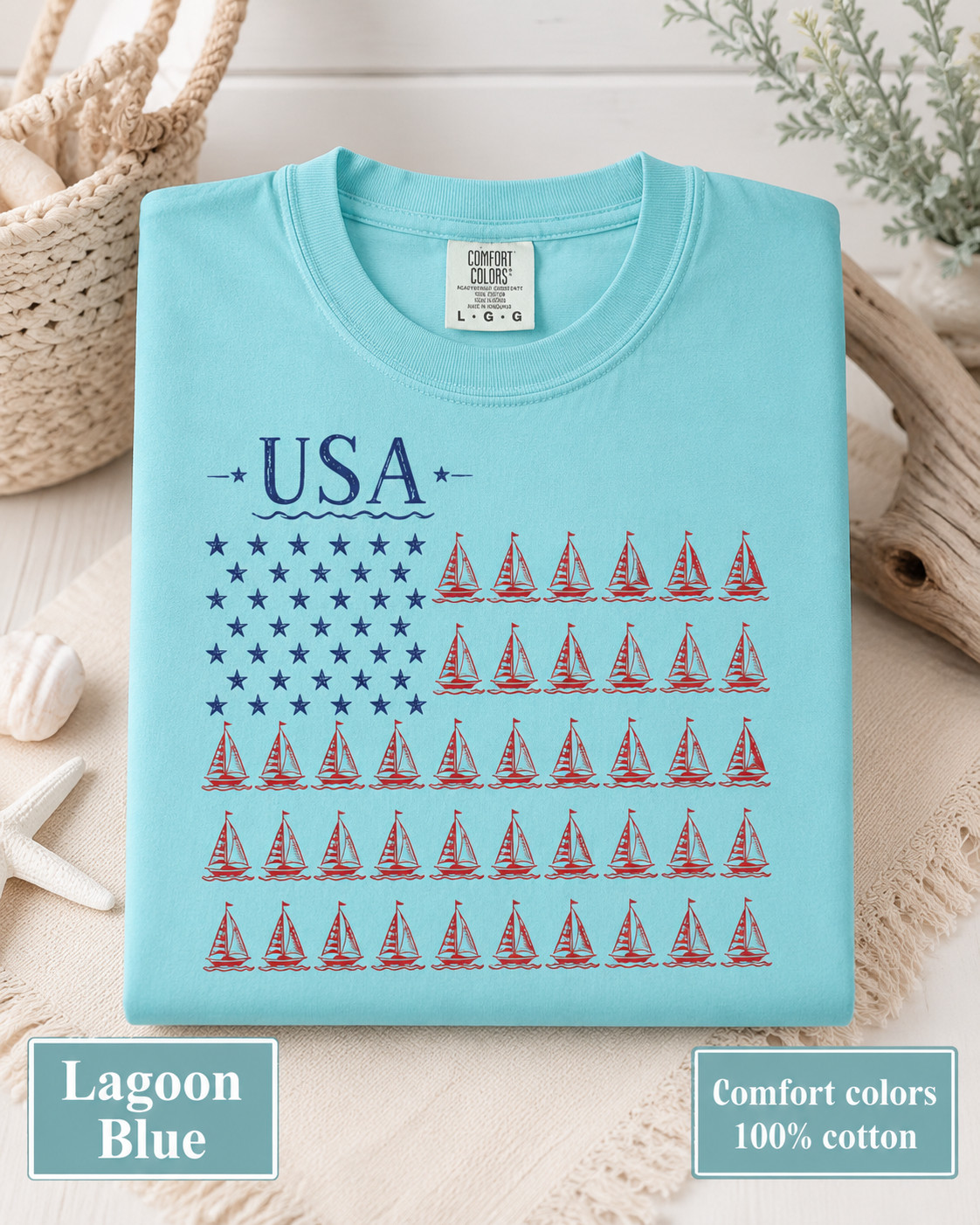 USA Sailboat Flag Comfort Colors Tee, Patriotic Coastal Fourth of July Shirt