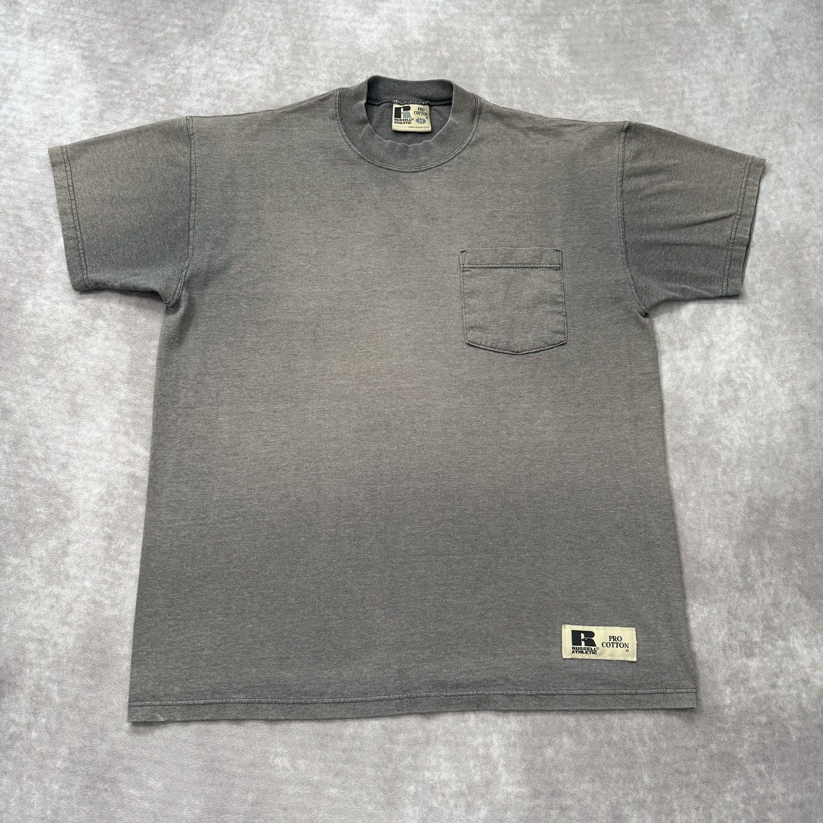 Vintage 90s Russell Athletic Pocket Tee Shirt Mens M Gray Fade Ghost USA