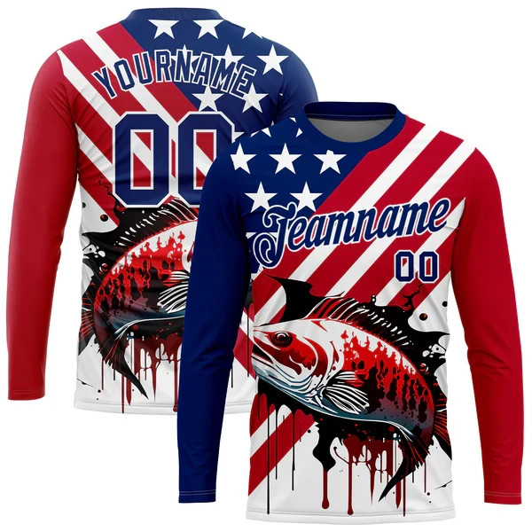 Custom US Navy Blue Red-White 3D American Flag Fishing Long Sleeve HS625
