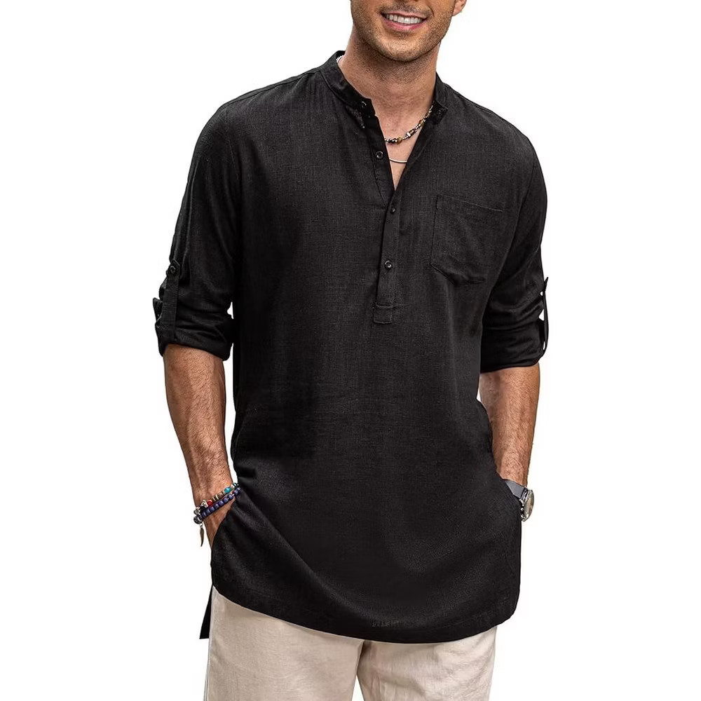 COOFANDY Men Linen Henley Shirts Long Sleeve Collarless T-Shirts Longline