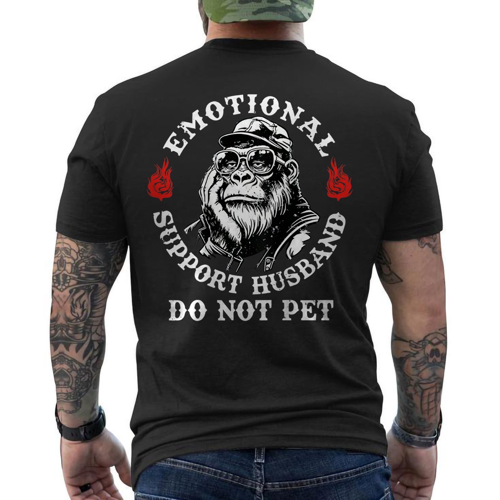 Emotional Support Husband Do Not Pet Funny Monkey ON BACK T-Shirt