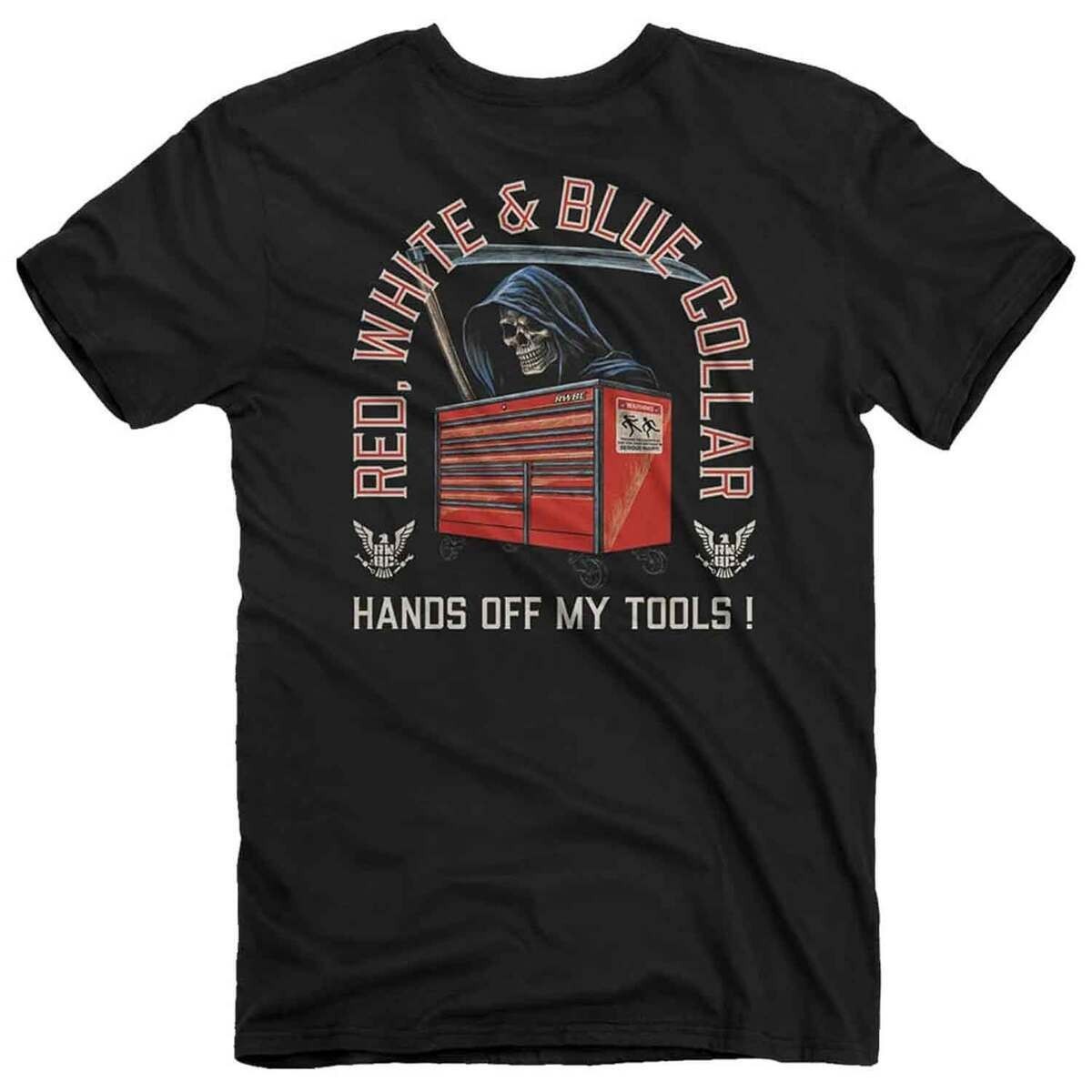 Red White & Blue Collar Hands Off My Tools Auto Mechanic SS T-Shirt Black Large