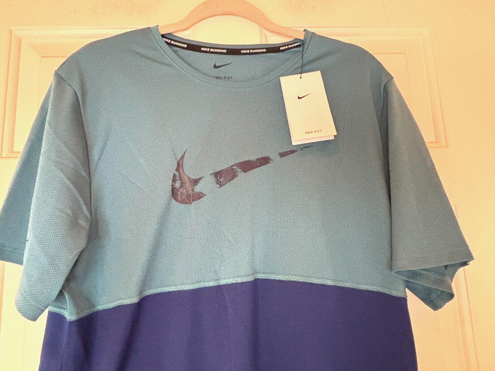 Nike Running Shirt Dri Fit Blue Large Logo Breathable Size Mens L NWT