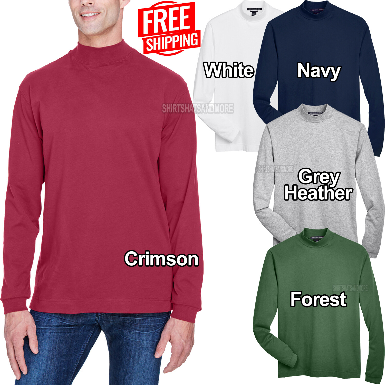 Mens Sueded Cotton Jersey Mock Turtleneck XS, S, M, L, XL, 2XL, 3XL, 4XL NEW!