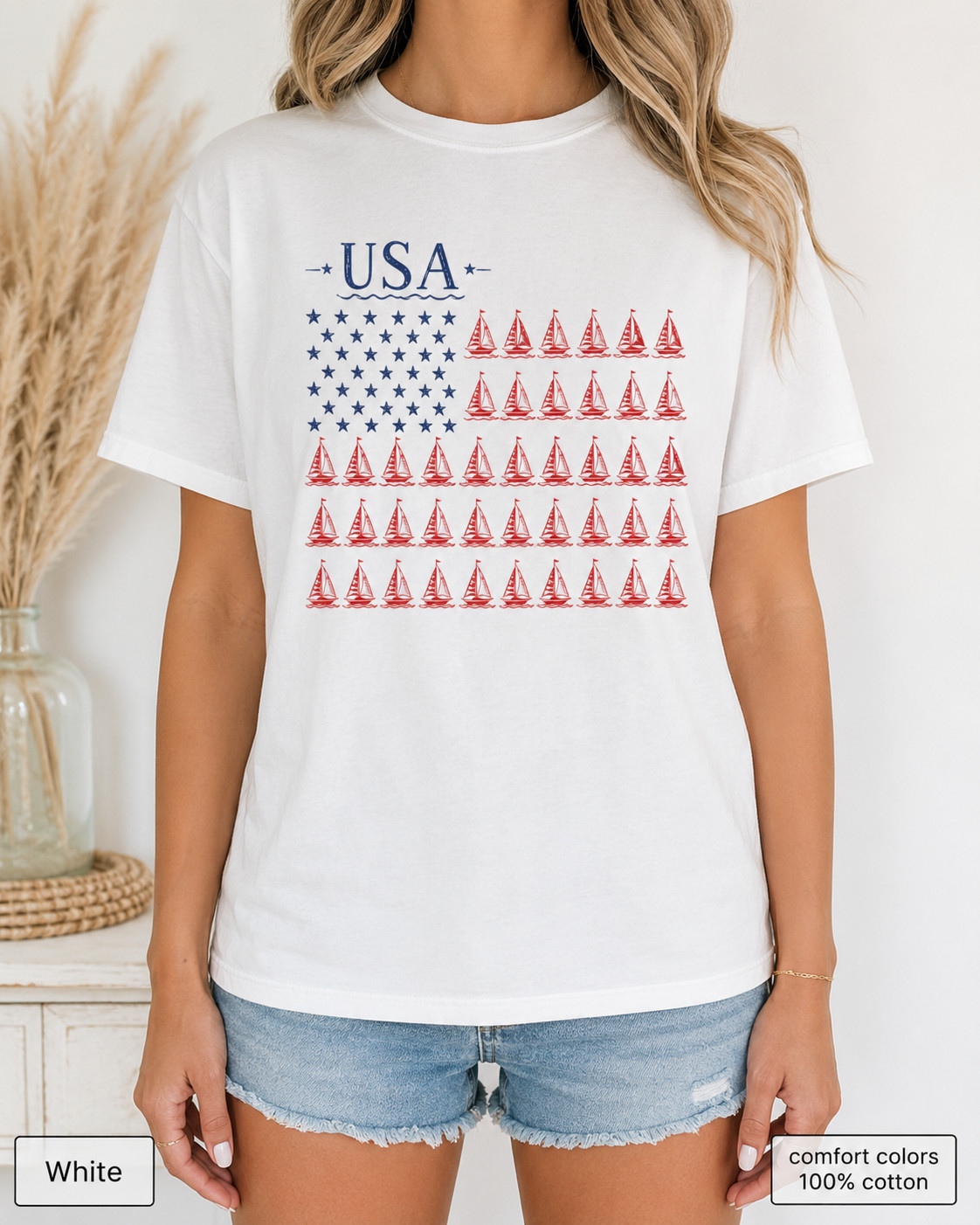 USA Sailboat Flag Comfort Colors Tee, Patriotic Coastal Fourth of July Shirt
