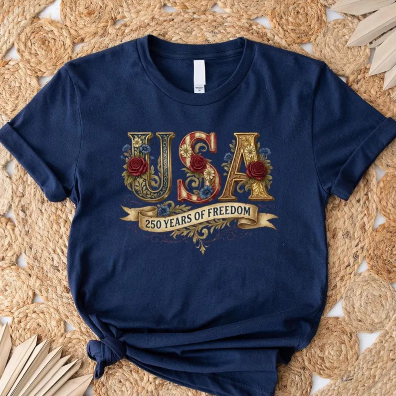 Retro USA 250 Shirt Floral Patriotic Independence Day Celebration Tee
