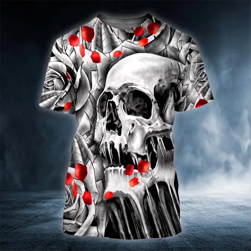 Black and White Roses Skull 3D T-Shirt Gothic Floral Graphic Gift for Men Top