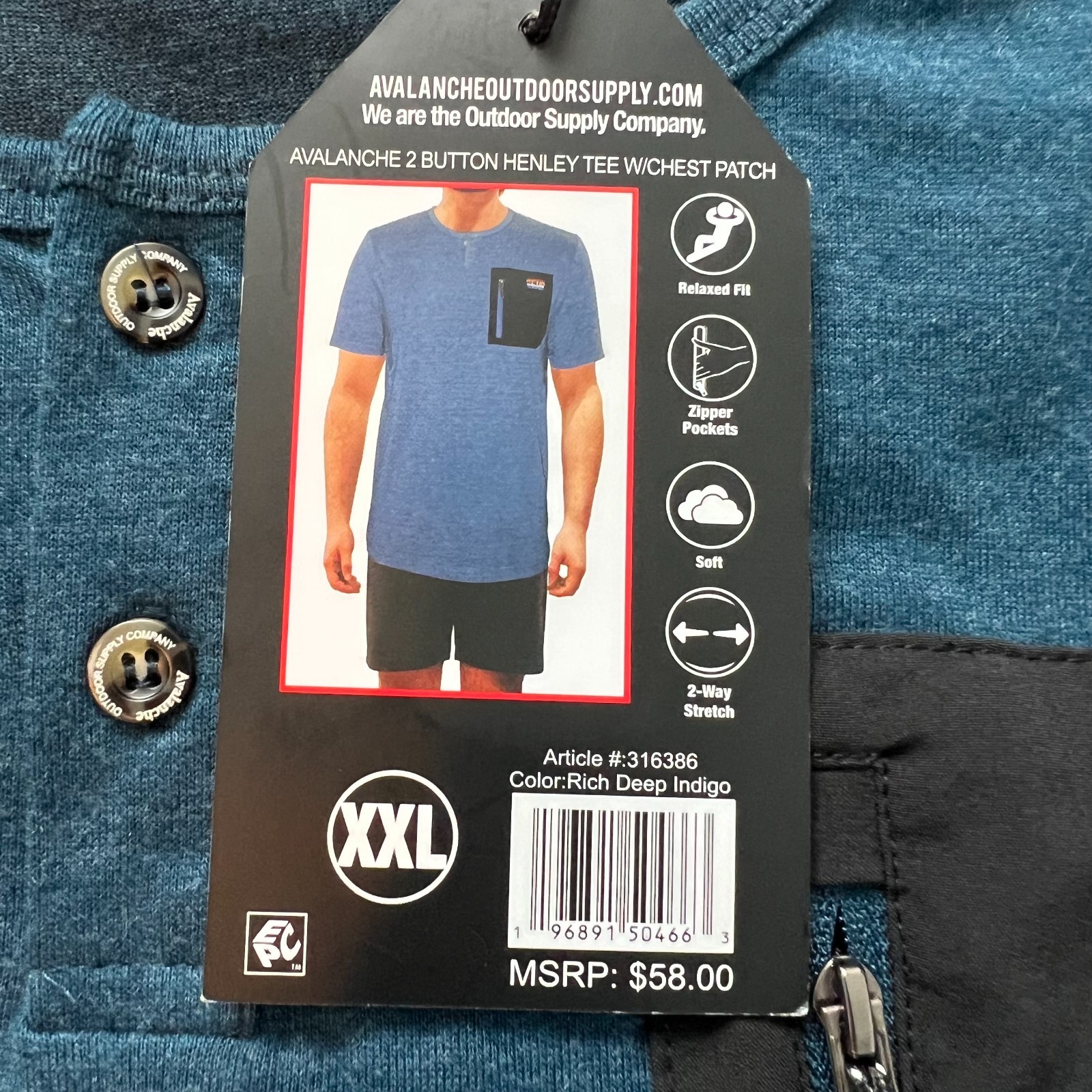 Men’s XXL Avalanche Henley Tee Blue Short Sleeve Zipper Pocket Outdoor Shirt