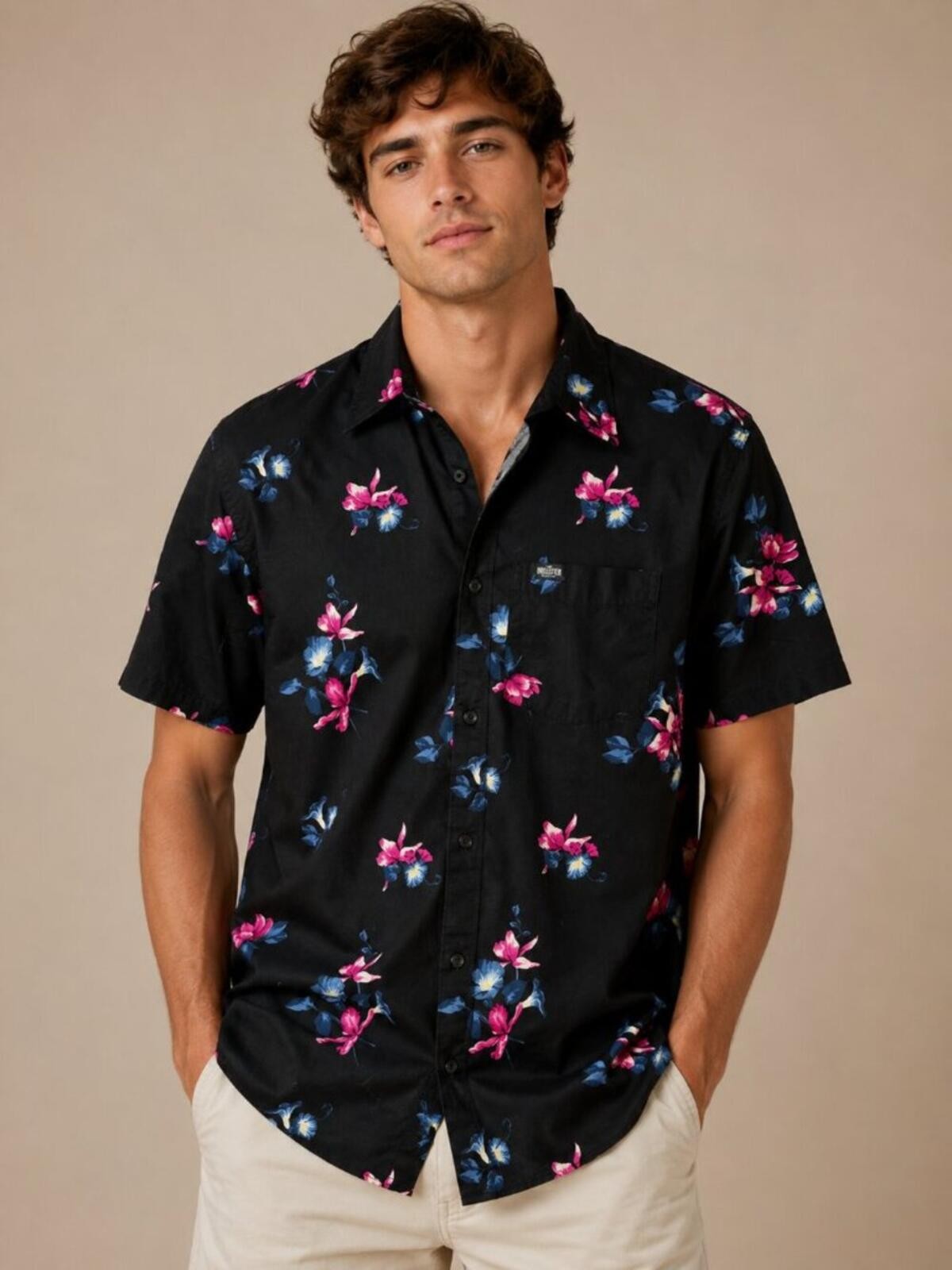 Hollister Epic Flex XL Black Floral Button Up Shirt Vacation Y2K Casual