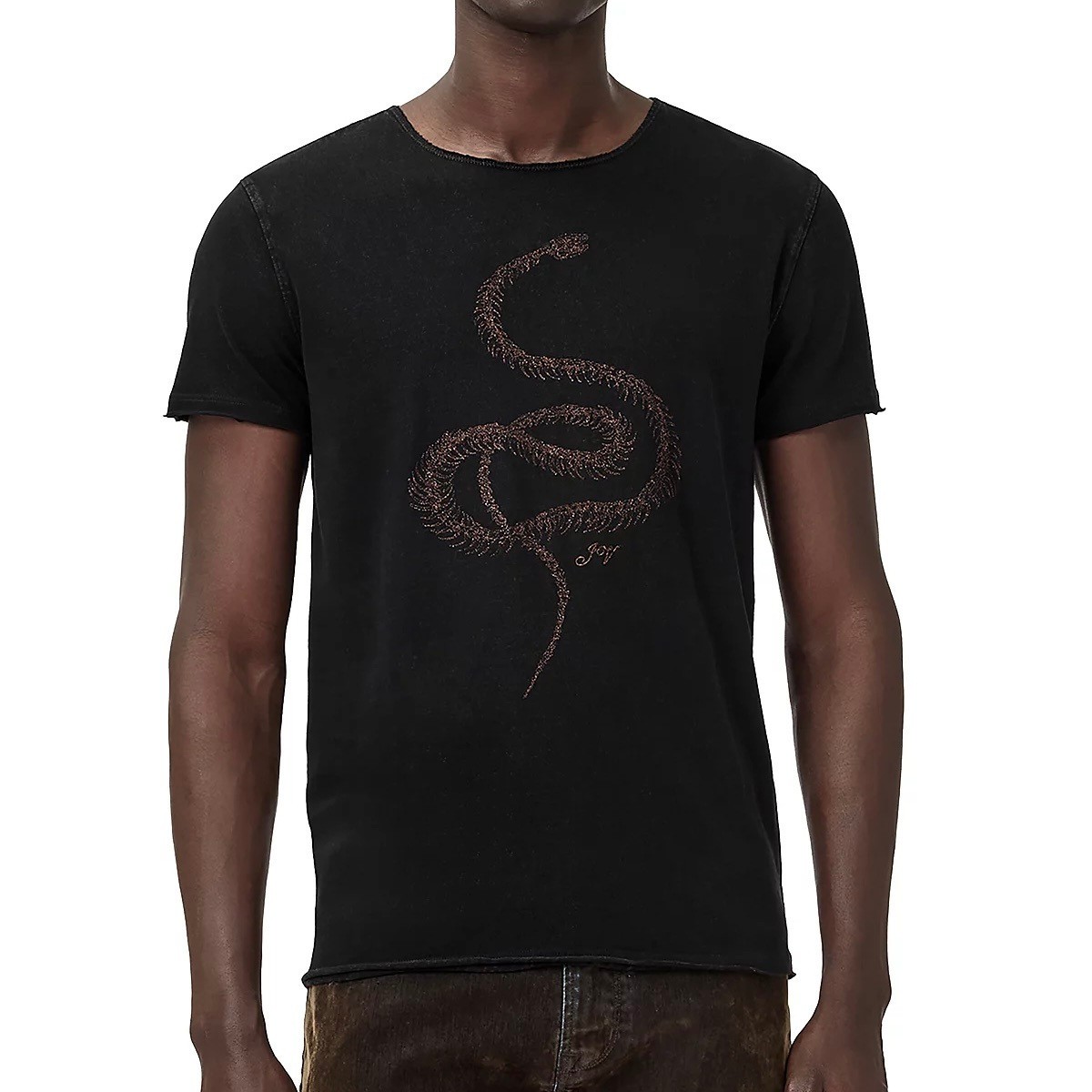 John Varvatos Men’s Metallic Coiled Snake Embroidered Graphic Crew T-Shirt Black