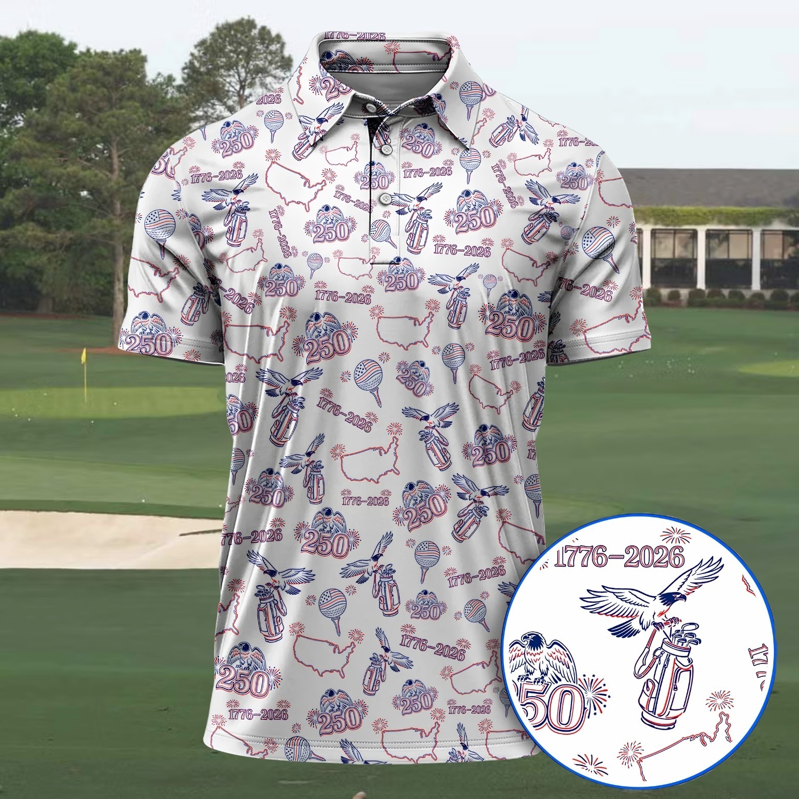 Mens Patriotic Golf Polo USA 250th Anniversary 1776-2026 Eagle Golf Bag (S-5XL)
