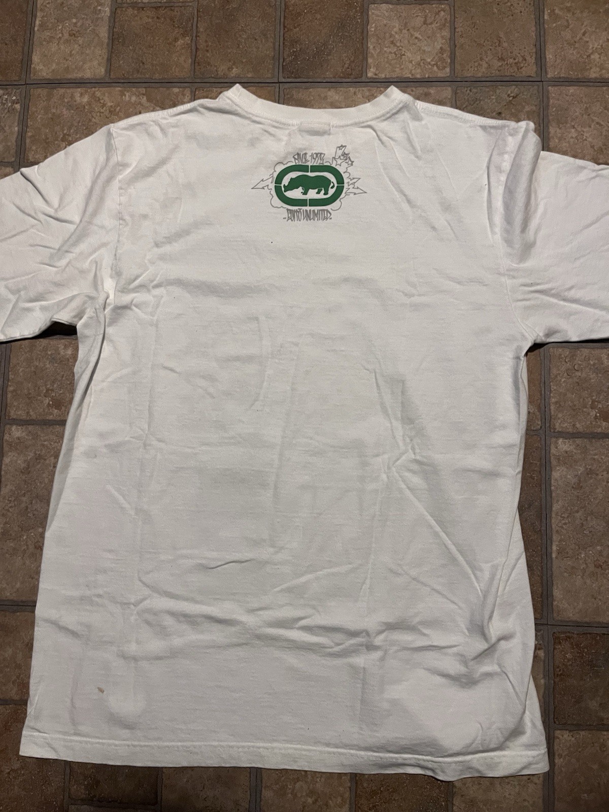Ecko Unltd. White Green Rhino Logo Graphic Cotton Knit Tee Crew Neck L