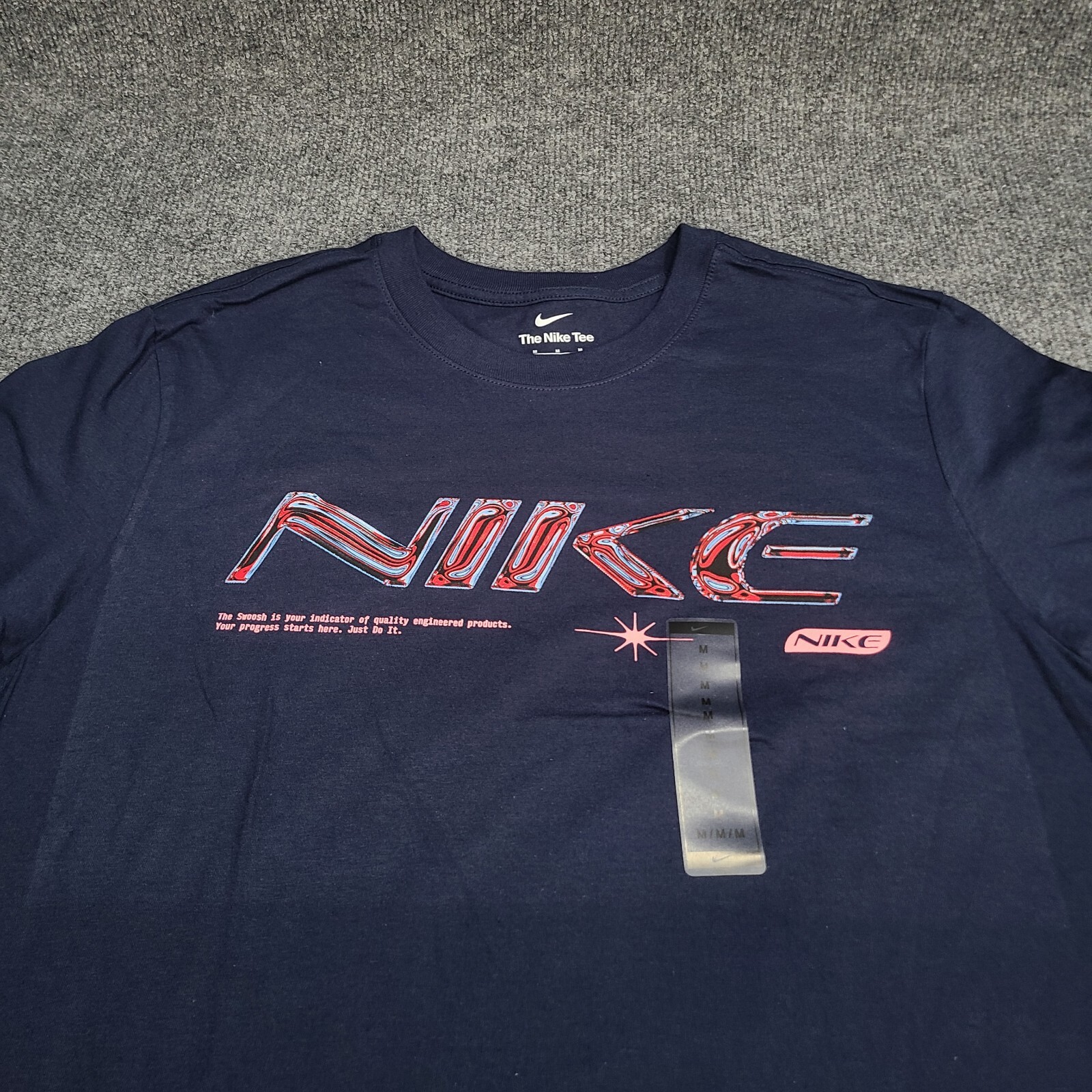 Nike Shirt Mens Medium Navy Blue Red Spell Out Sportswear Cotton New Tee 50