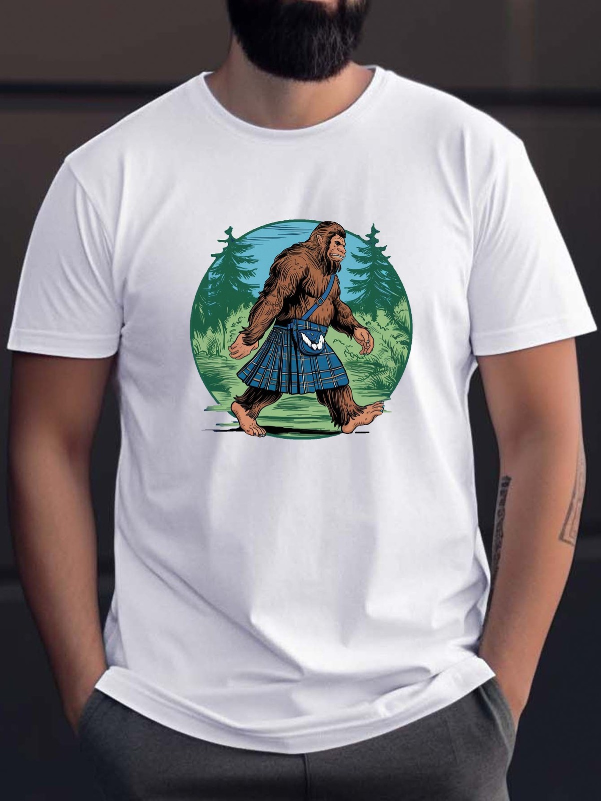 Casual T-Shirts Casual Short-Sleeve T-Shirts, Featuring a Sasquatch Kilt Graphic