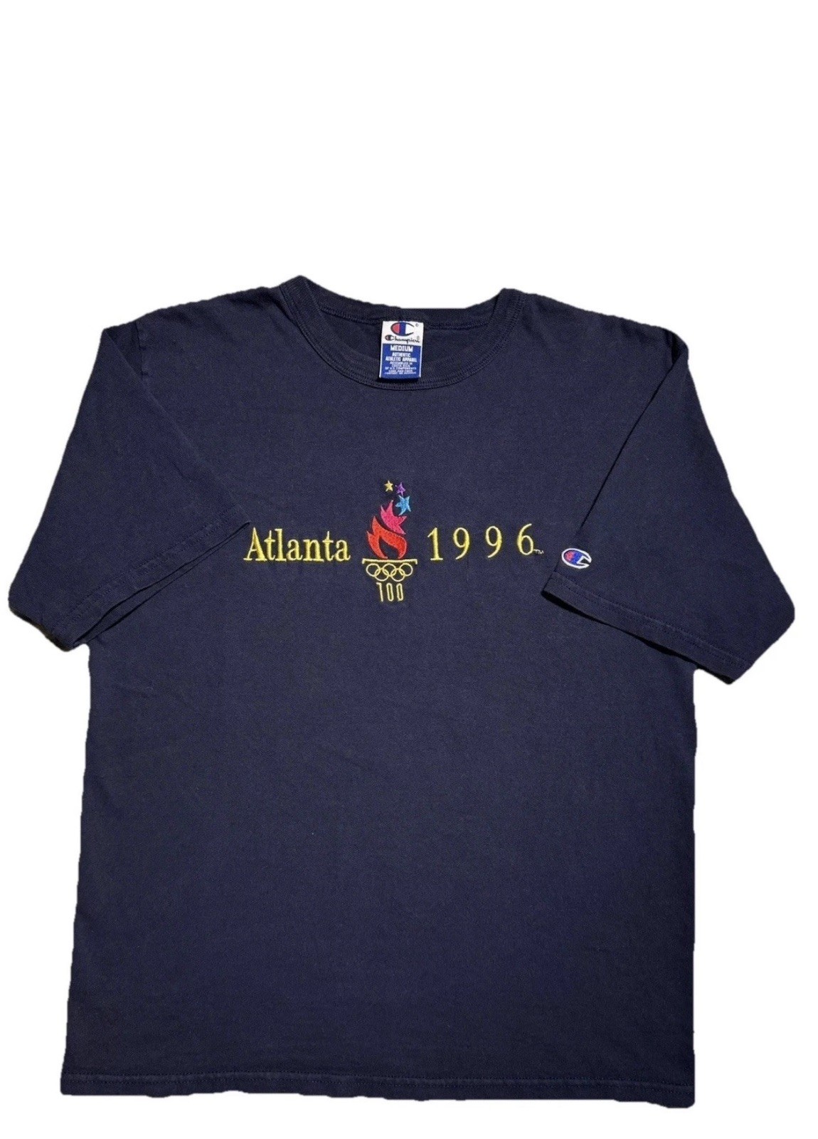 Vintage Champion Shirt Men’s Medium Atlanta 1996 Olympics Embroidered Navy Blue