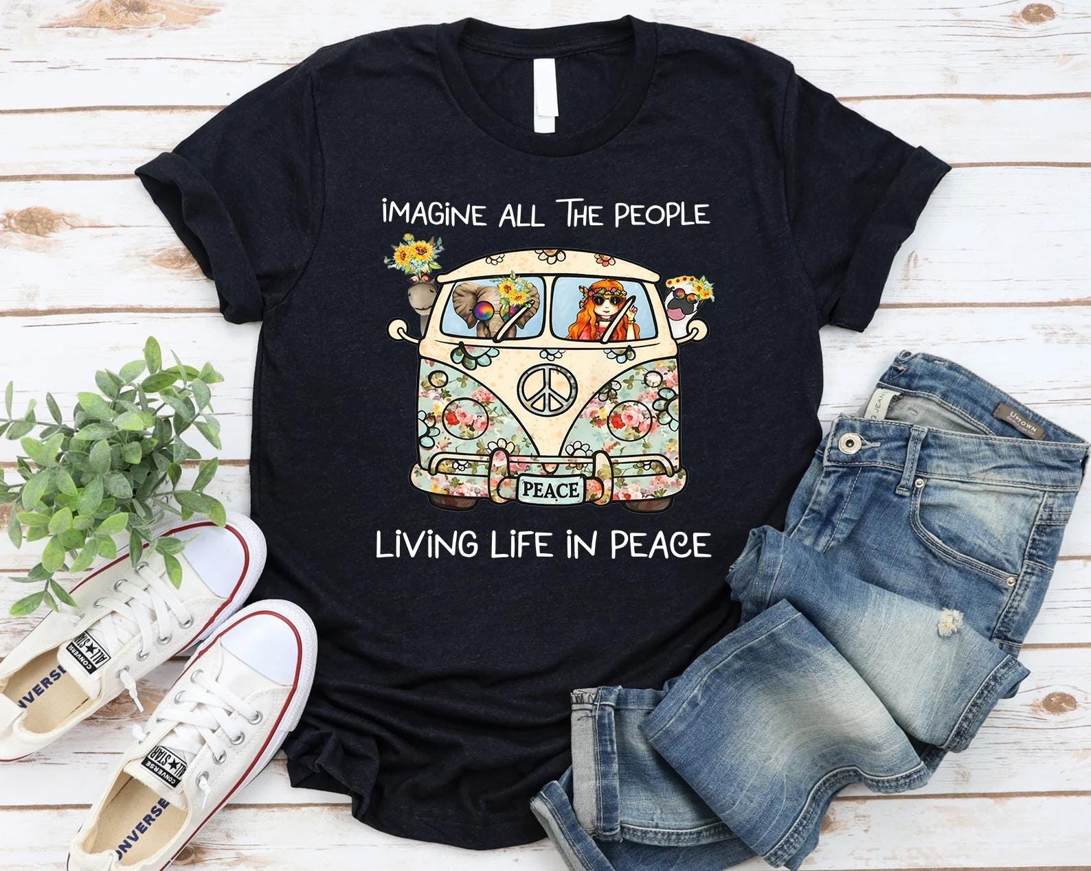 Imagine All The People Living Life In Peace Shirt Retro Hippie Flower Power