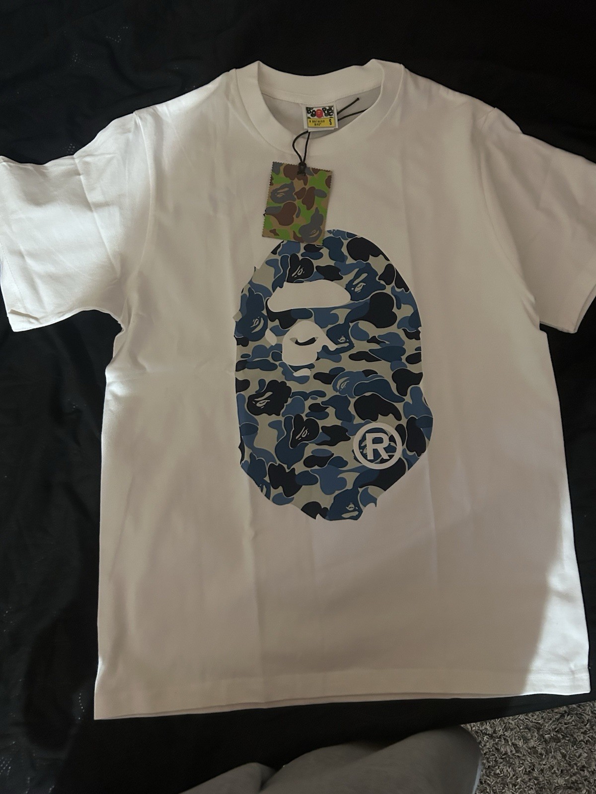 A Bathing Ape BAPE White/Blue Camo Ape Head Graphic Tee Crew Neck Men’s S